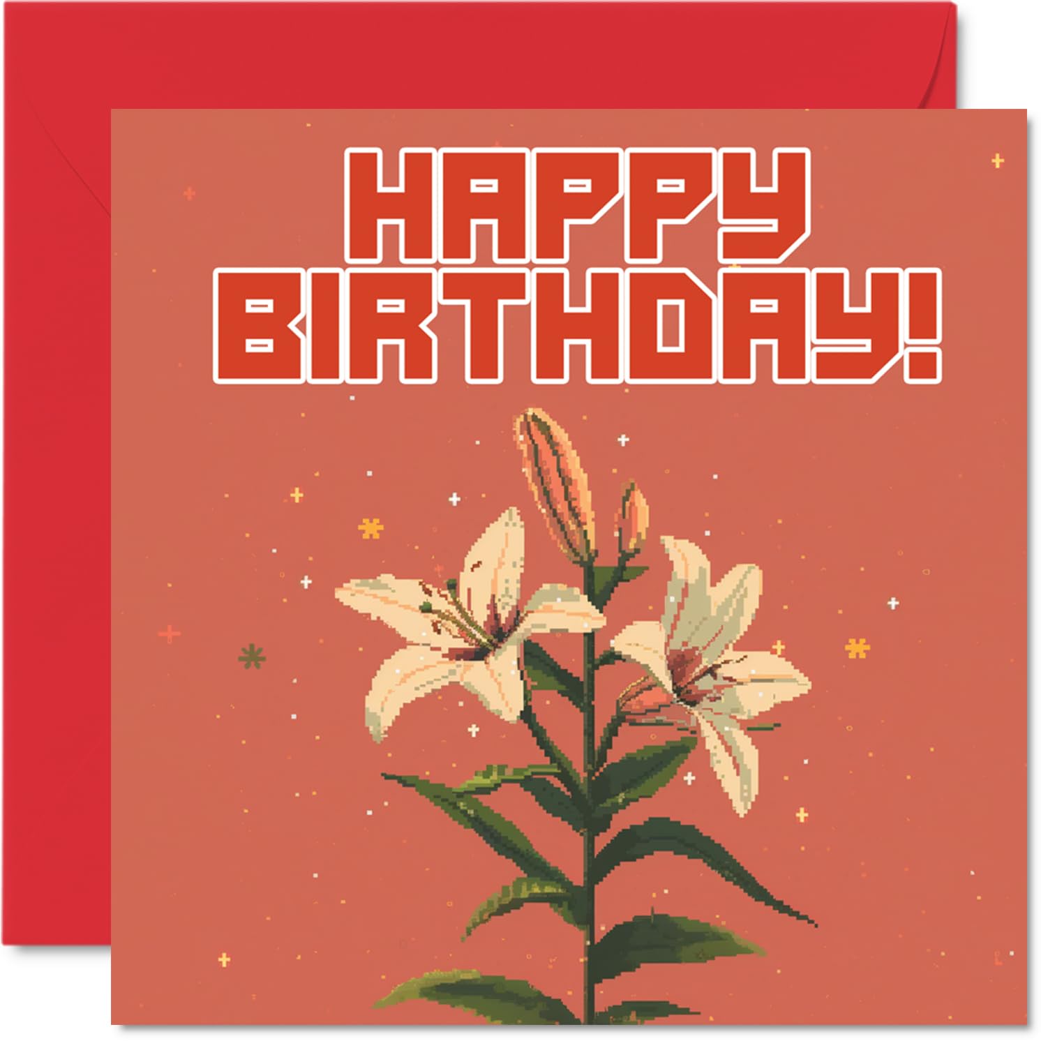 Birthday Cards for Men Women - Pixel Art Lilies - Happy Birthday Card for Brother Sister Son Daughter Uncle Aunt Colleague Friend 145mm Bday Greeting Cards