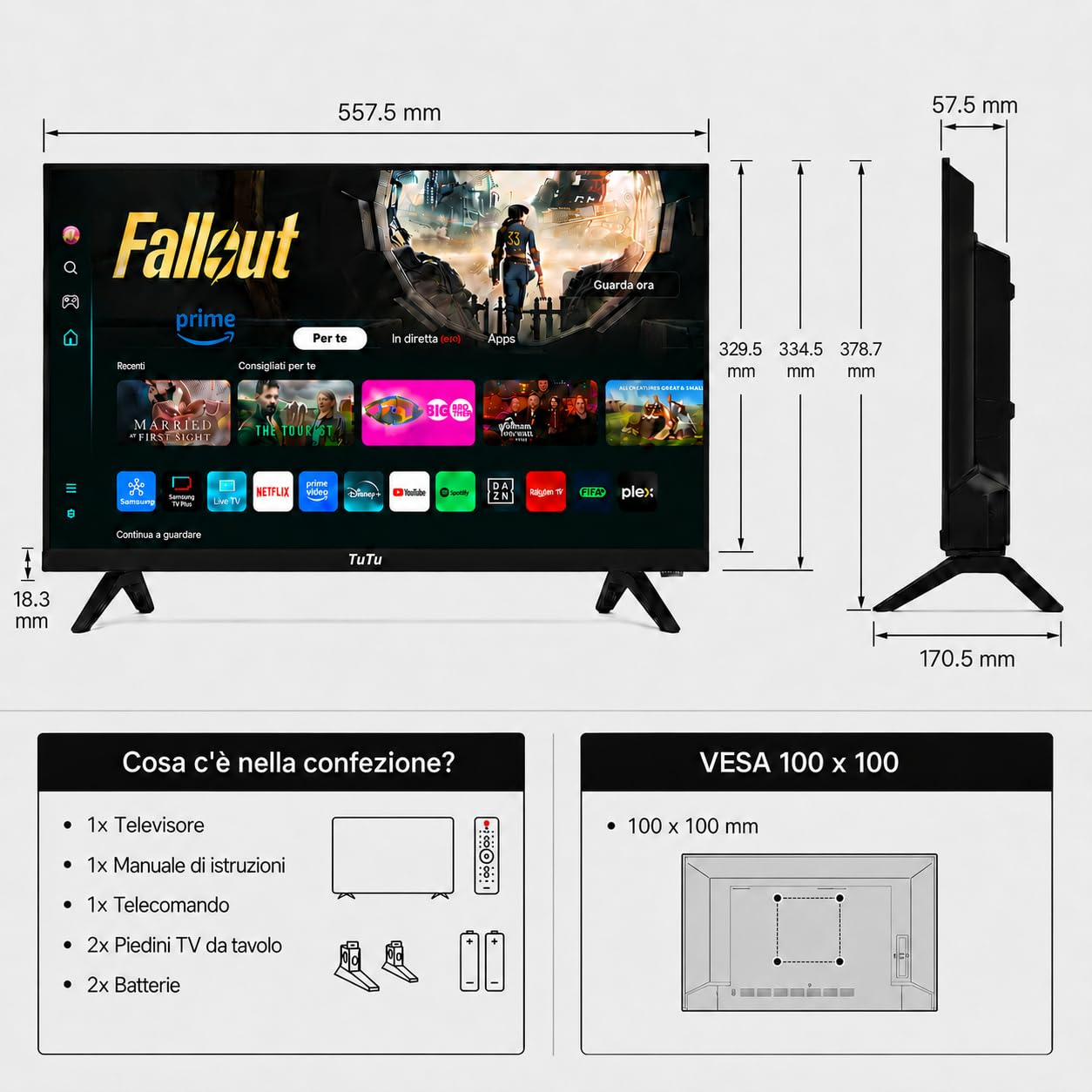 TuTu TU25Q1FQ-T8 Smart TV 25 Pollici (64 cm), QLED Full HD Collegato Televisione con Tizen OS, WiFi, Bluetooth, App Store, AirPlay, Tripla sintonizzatore (DVB-T/T2, DVB-C, DVB-S/S2), Molotov e Altro