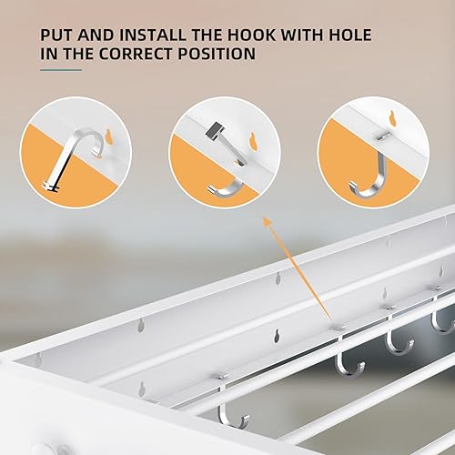 Miniatura 5 de Tendedero de secado para ropa, montaje en pared, plegable, plegable, capacidad de 60 libras, 5 postes de aluminio con 6 ganchos (blanco, 31.5