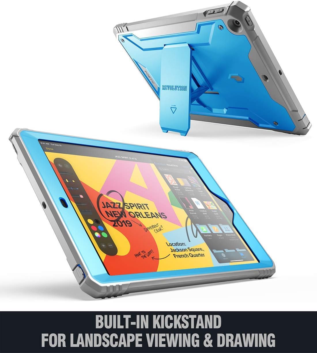 Hot Deals Poetic Revolution Case Designed for iPad 10.2 9th Generation (2021) / 8th Gen (2020) /7th Gen (2019) Case, Full-Body Rugged Shockproof Protective Cover with Kickstand Built-in Screen Protector, Blue