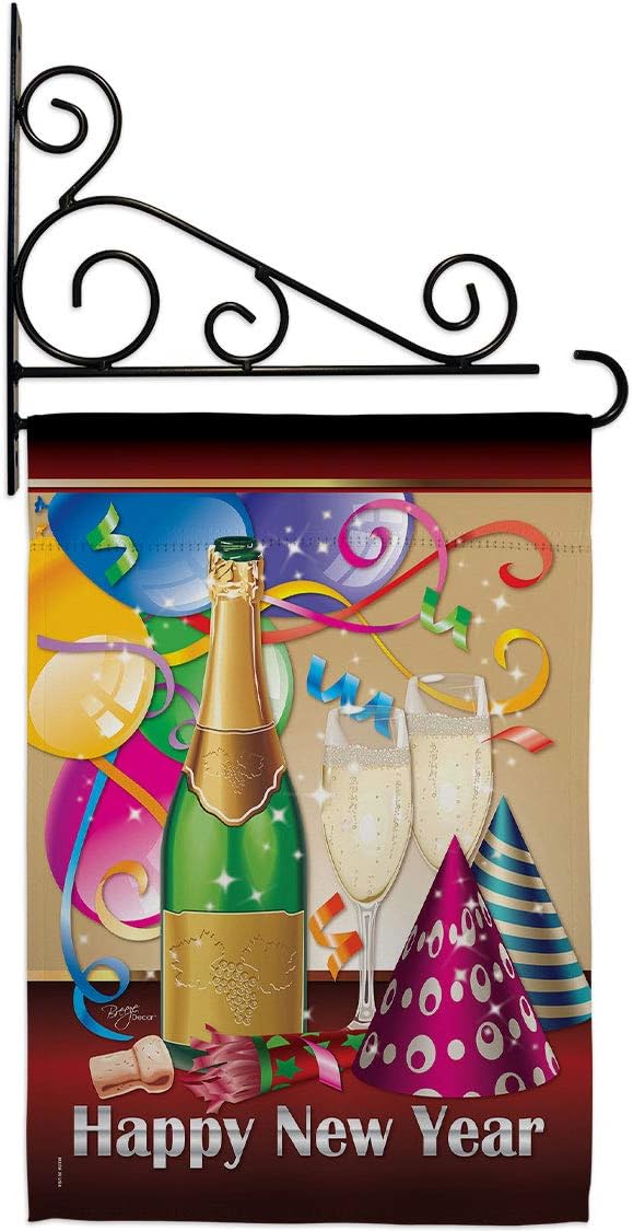 Happy New Year Garden Flag Set Wall Holder Clock Countdown Champagne Party Fireworks Celebrate Small Decorative Gift Yard House Banner Double-Sided Made In USA 13 X 18.5
