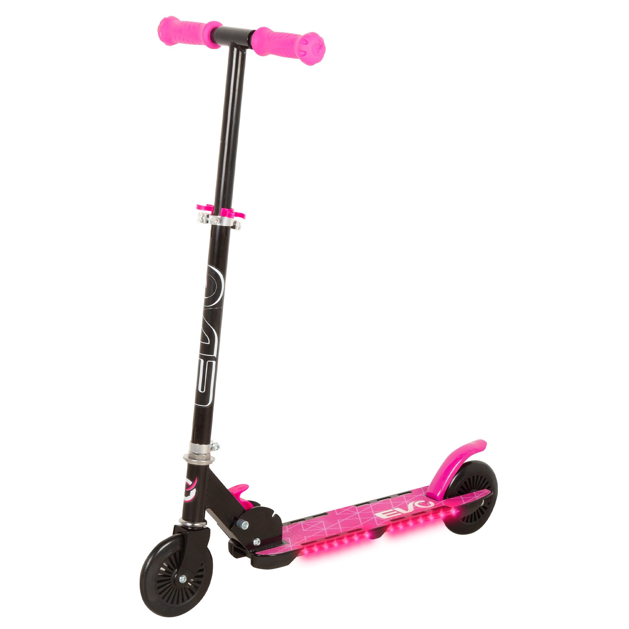 COLORBABY EVO Patinete 2 Ruedas Plegable, Negro y Rosa, Base con Luces Multicolor, Altura Ajustable, Freno Trasero, Peso máx. 50 kg, Juguetes niños 5 años, Patinetes Infantiles (54339)