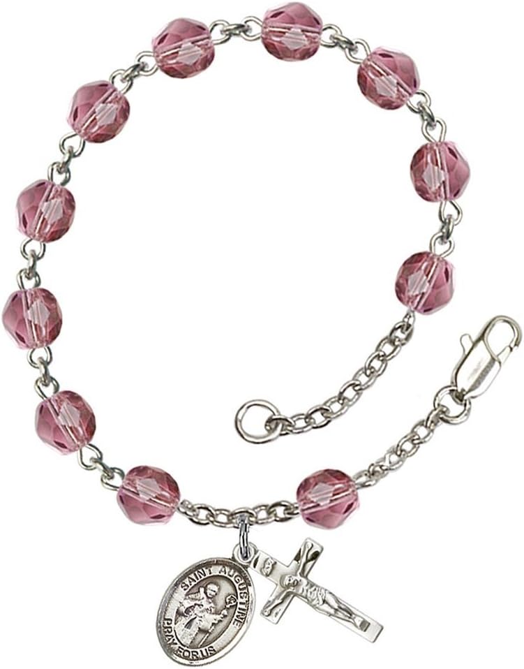 Februay Birth Month Bead Rosary Bracelet with Patron Saint Petite Charm, 7 1/2 Inch