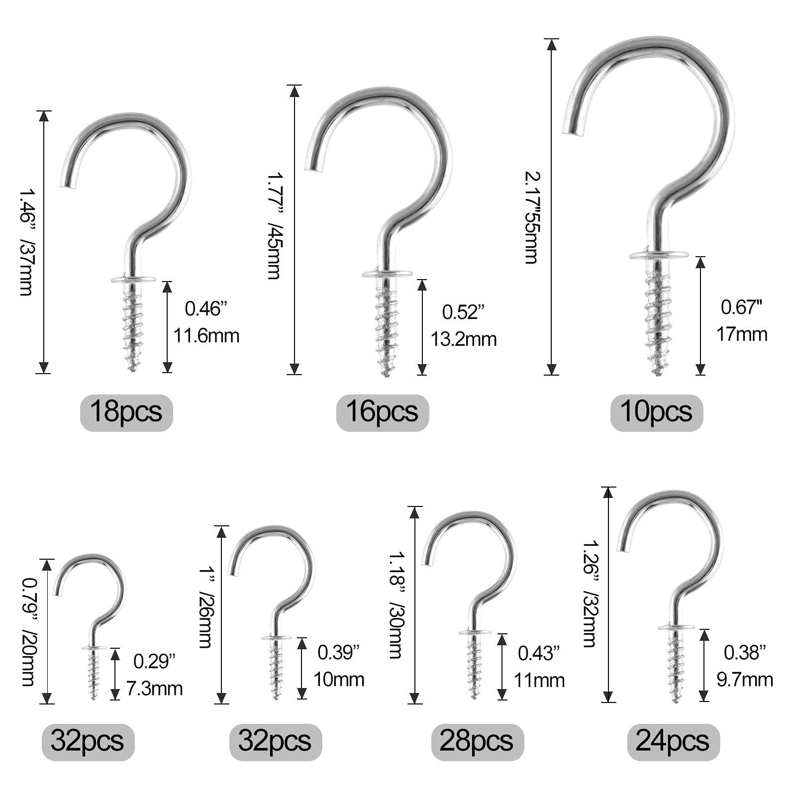Set 160 Ganci A Vite Nichelati – 7 Misure (½” A 1½”) In Scatola, Per Soffitto, Legno E Appendini