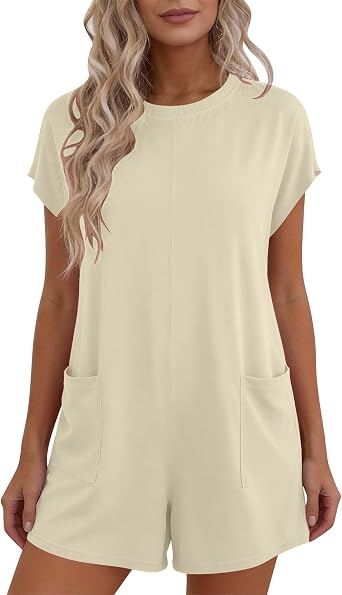 Ruziyoog Womens Short Sleeve Romper Casual Loose One Piece Jumpsuit Summer Crewneck Playsuit with Pockets Beach Comfy Outfit