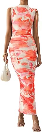 PRETTYGARDEN Women's Summer Maxi Floral Dresses Ruched Bodycon Sleeveless Mesh Formal Wedding Guest Cocktail Split Long Dress