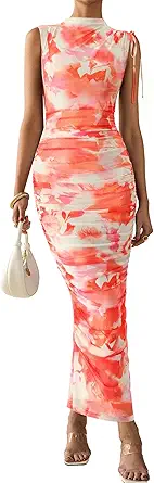 PRETTYGARDEN Women's Summer Maxi Floral Dresses Ruched Bodycon Sleeveless Mesh Formal Wedding Guest Cocktail Split Long Dress