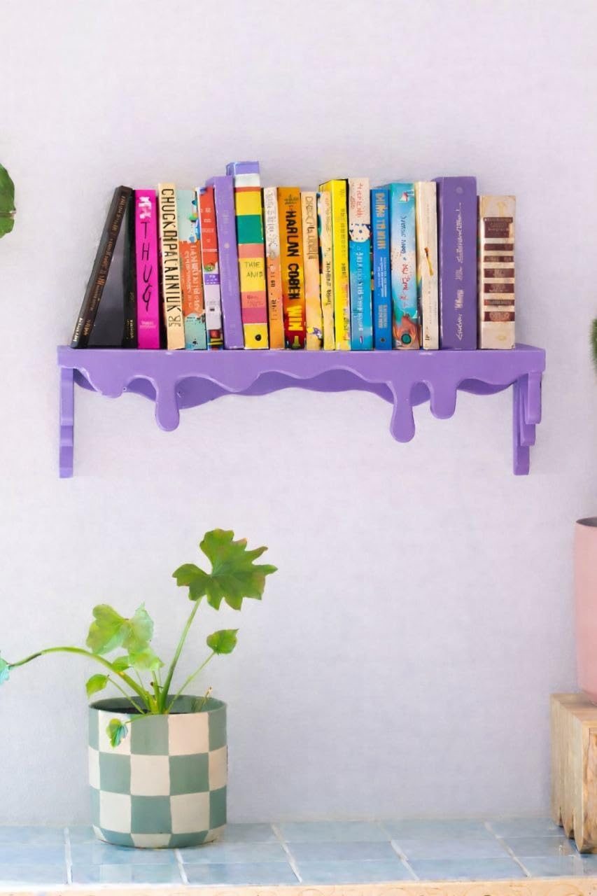 Melting Shelf Wooden Wall Shelf Decor |Living Room |Bed Room| Kids Room | Modern Wall Art |Office|Hotel| Dimension 43cmX15cm, Thickness 18mm (Set of 1) (Lilac)-image-1