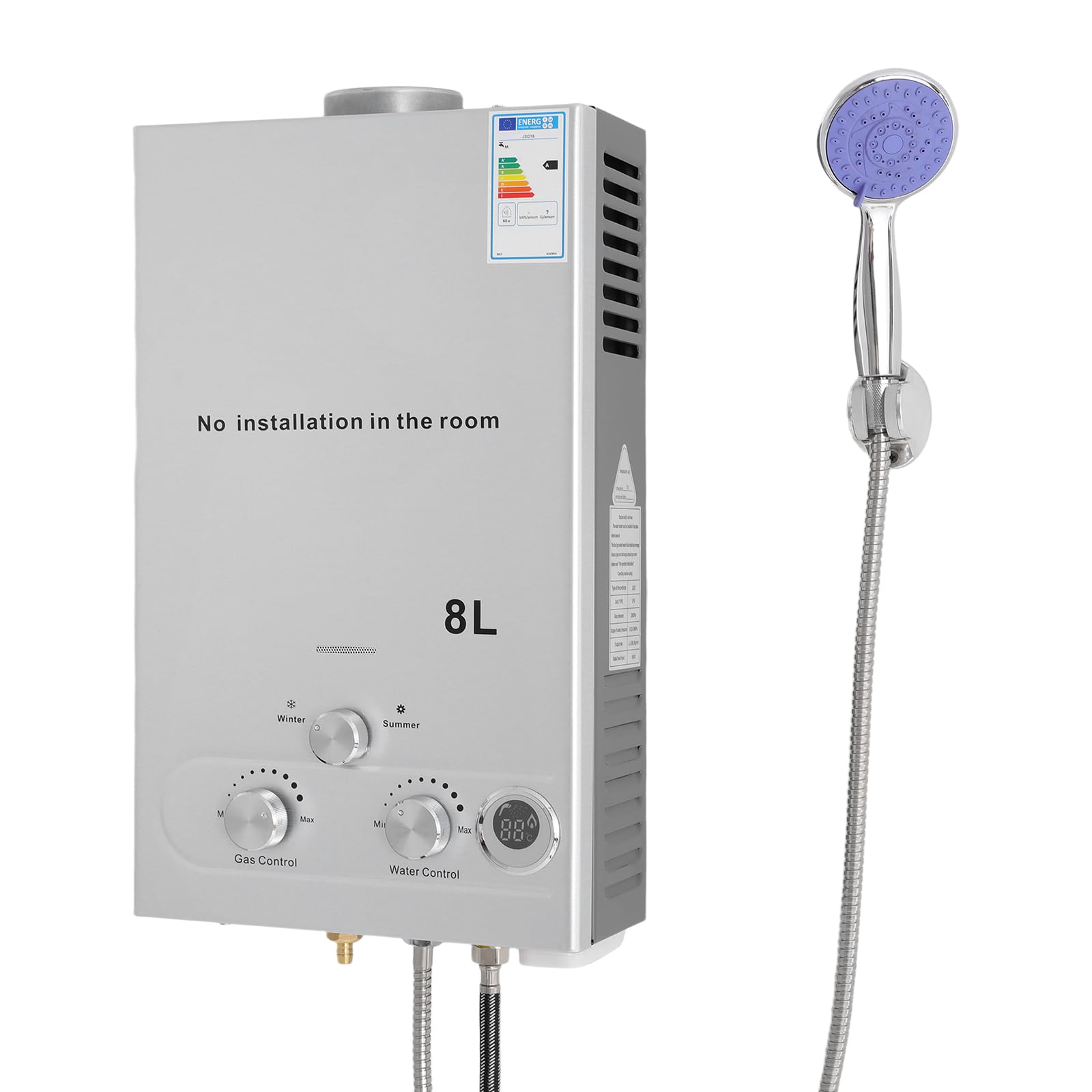 Gas Durchlauferhitzer 8L, 18KW LPG Gasdurchlauferhitzer mit Duschkopf, Sommer-Winter-Muster, Mehrfachschutz, 0,2 bar Startwasserdruck für Zuhause Wohnmobile
