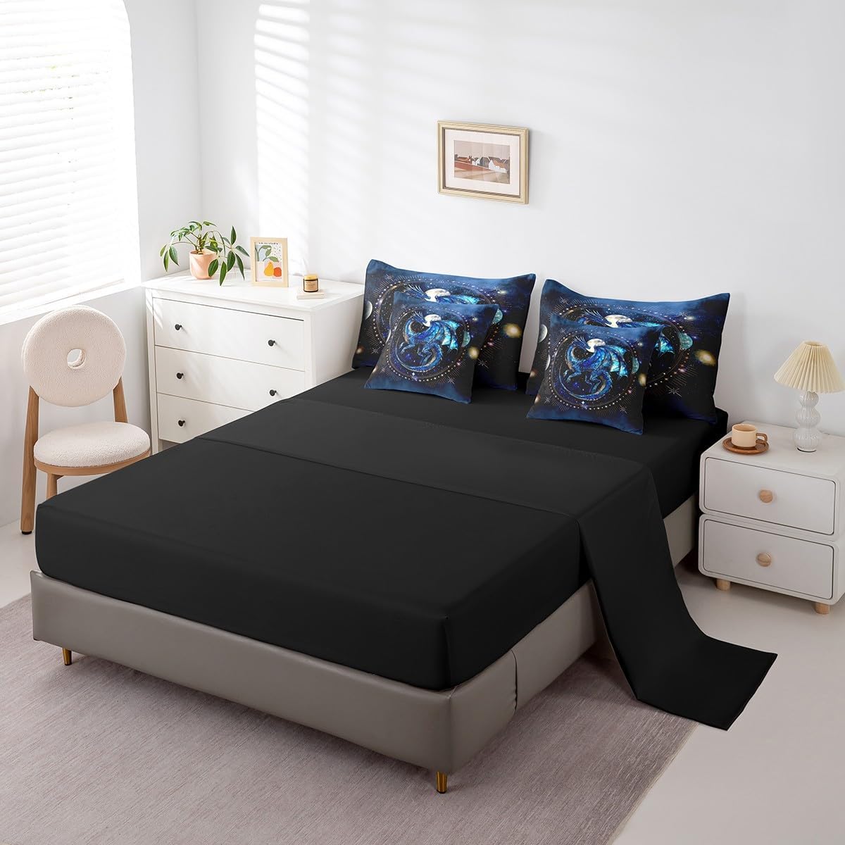 Feelyou Dragon Comforter Set with Sheets Queen Size Dragon Stuff Bed in a Bag for Boys Girls Teens Luxury 7 Pieces Bedding Set Dragon Decor Bed Set Room Decor Blue Black