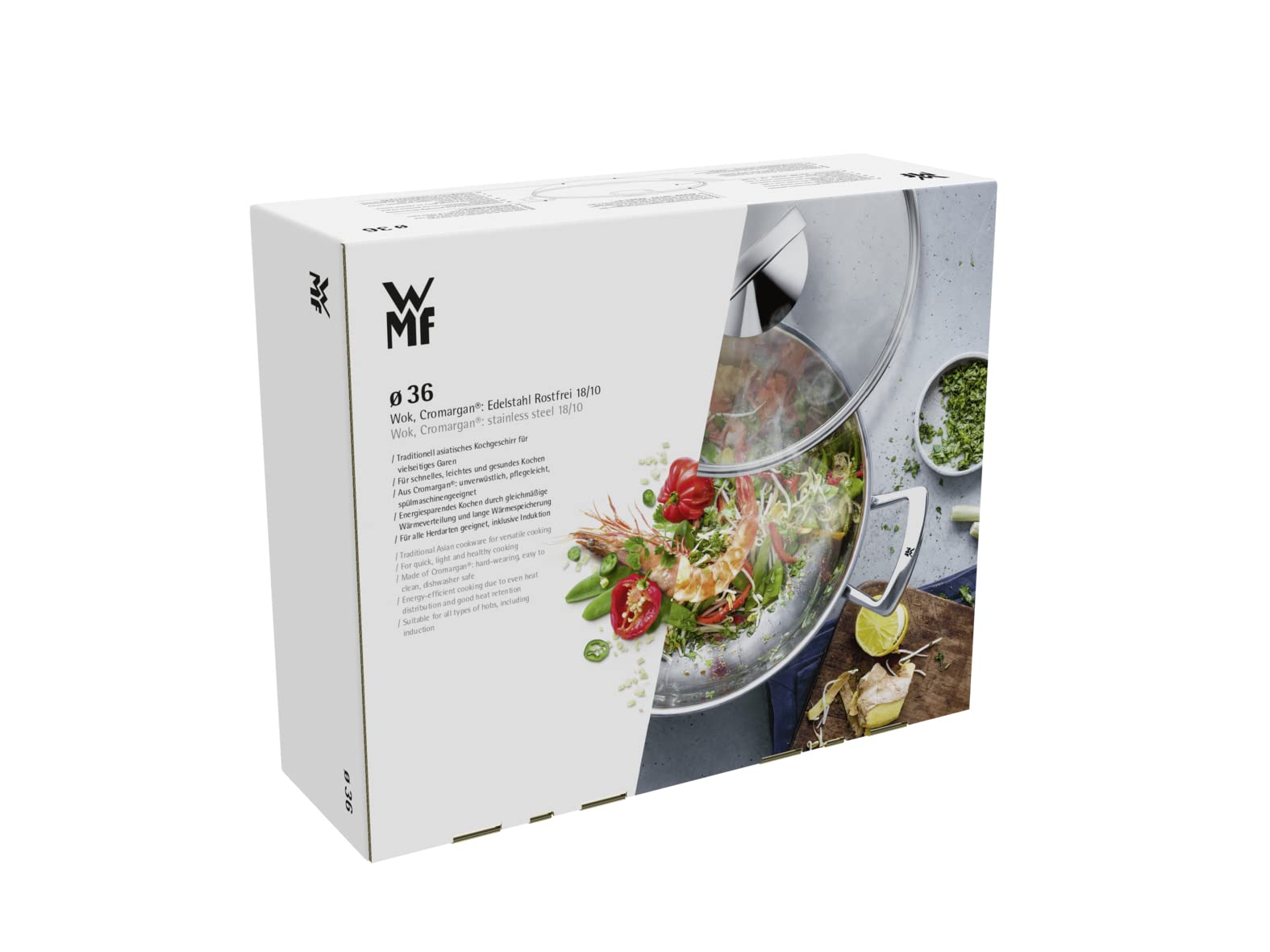 WMF – Set de Wok de 2 Piezas, Tapa de Cristal sin Recubrimiento, 36 cm de diámetro, Reborde Cromargan de Acero Inoxidable, Apto para inducción y para el lavavajillas