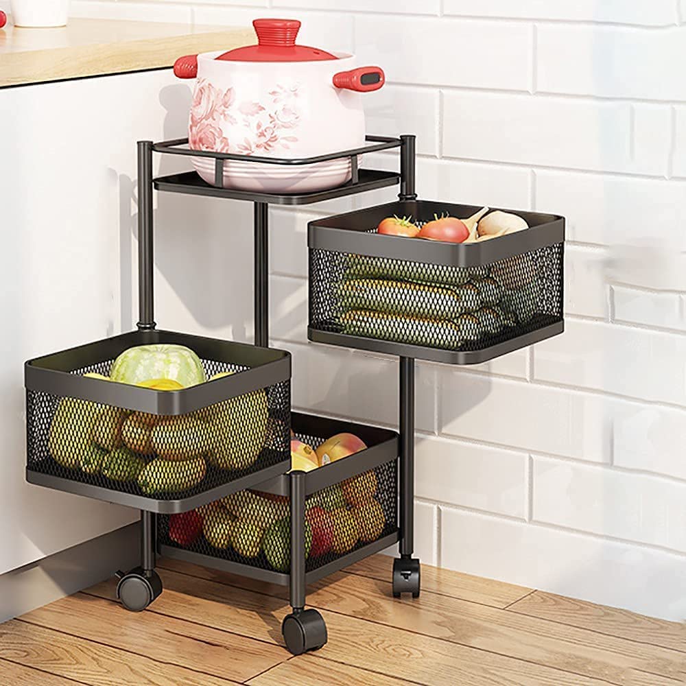 Rasvesh Iron Kitchen Trolley with Wheels, Kitchen Organizer Items and Storage Solutions for Squre Kitchen Organizer and Kitchen Accessories Items (Black,Layer 3)
