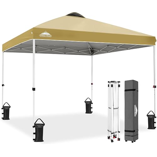 EAGLE PEAK Pop Up Canopy Tent with Wheeled Carry Bag, 8 Stakes, 4 Ropes, 4 Weight Bags, Easy Set Up Tent Canopy, 10x10 ft, 100sqft of Shade, Beige