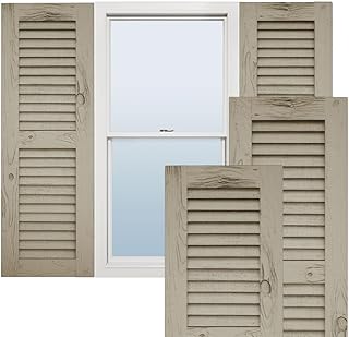 Ekena Millwork 15"W x 48"H Rustic Two Equal Louver Knotty Pine Faux Wood Shutters (Per Pair), Primed Tan