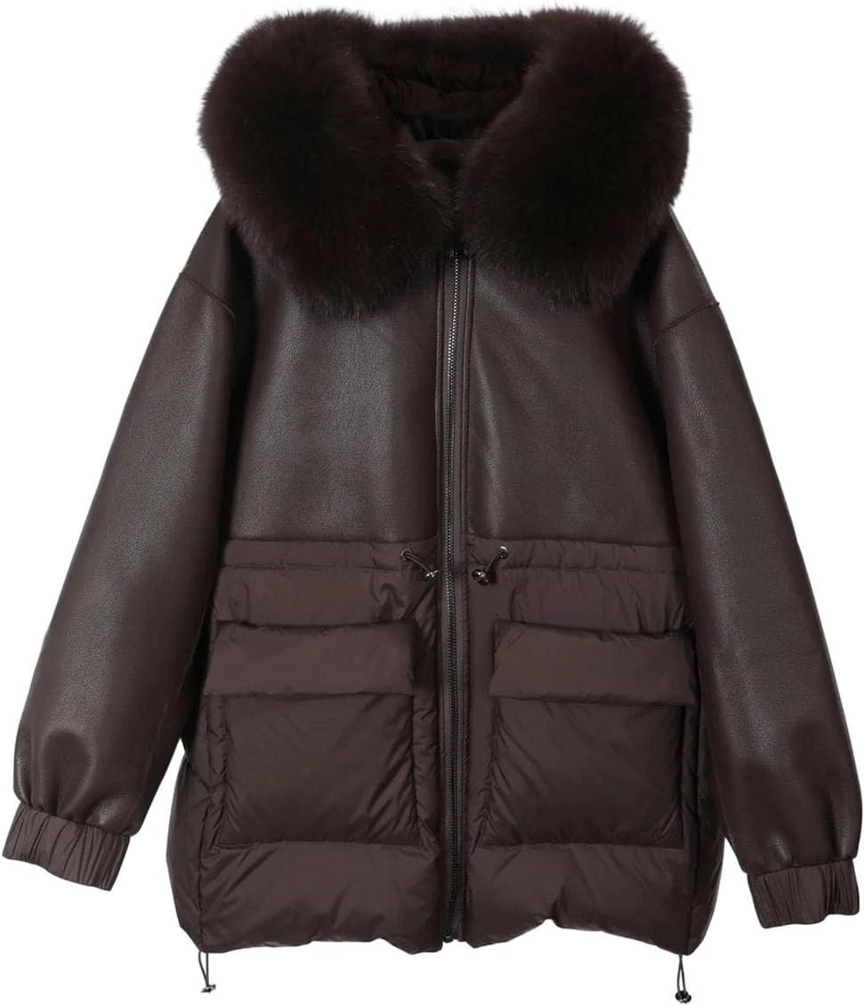 Women's Down Jacket Soft Faux Leather Zipper Coat