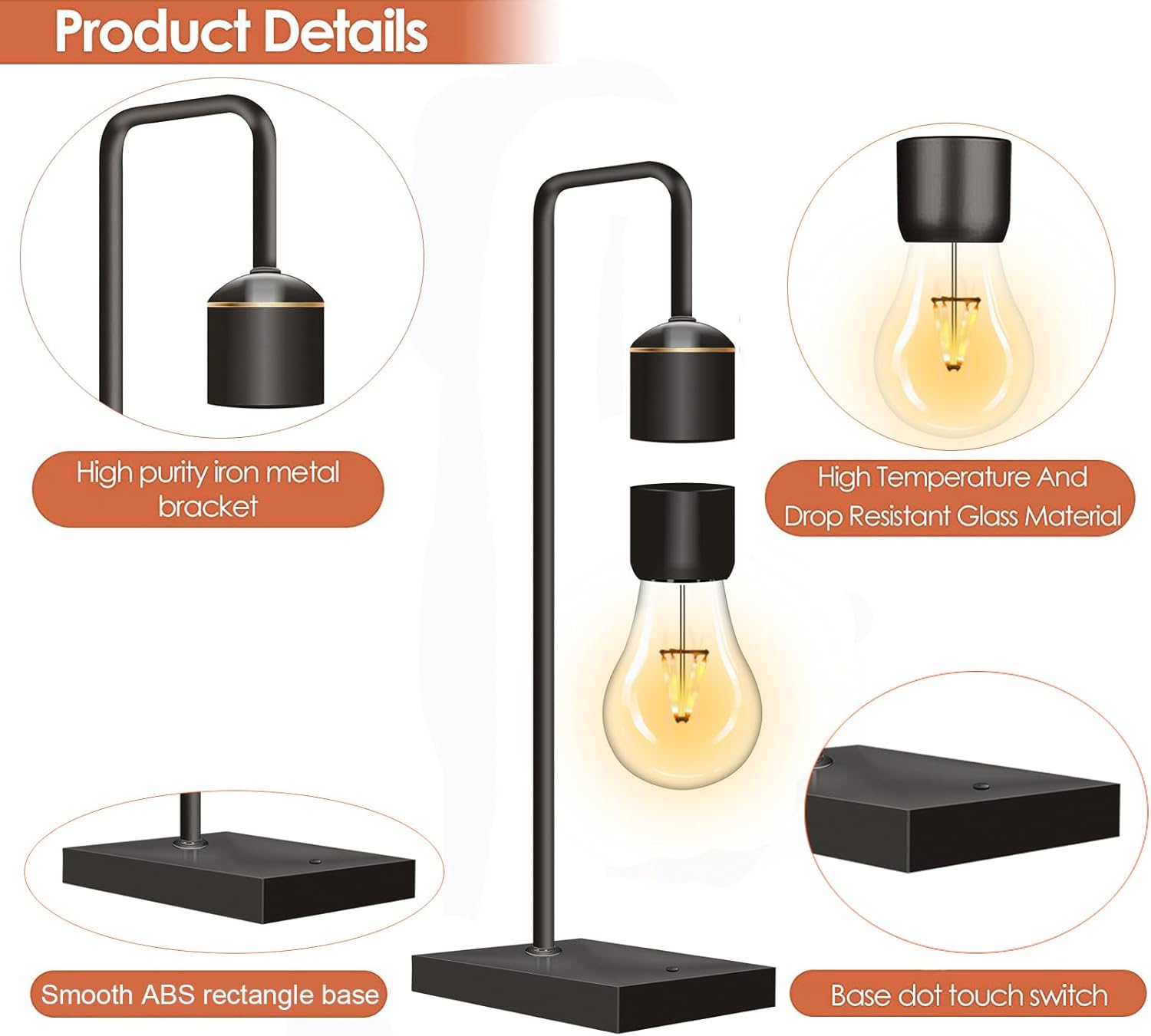 Magnetic Levitating Light Bulb Levitation Plastic Black Table Lamps Zero-Gravity Warm White LED Night Light Floating Lamp for Bedrooms Decoration Office Desk Toys Cool Festival Gifts