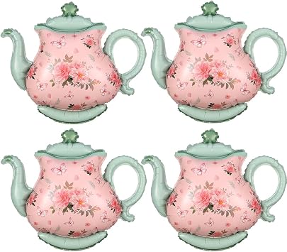 Teapot Balloon 4 Pieces 22inch Pink Green Teapot Mylar Foil Mylar Balloons for Lets Par-Tea Party Garden Tea Party Birthday Baby Shower Decoration