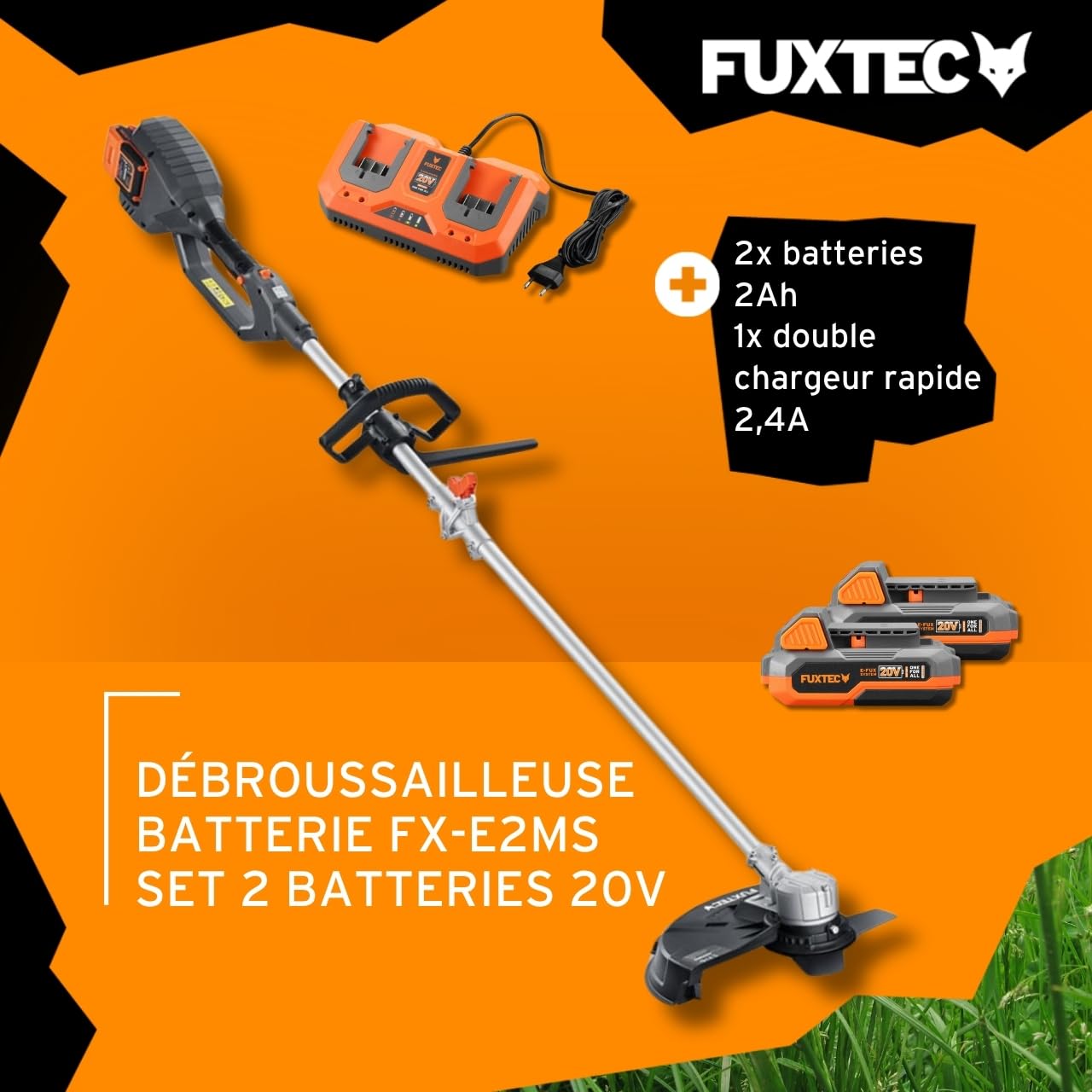 FUXTEC Débroussailleuse Batterie 2x20V FX-E2MSSET - avec Batteries Et Double Chargeur - Largeur De Coupe 25,5-35cm, Lame Et Fil, 10Kg, Jusqu'à 6000 TR/Min
