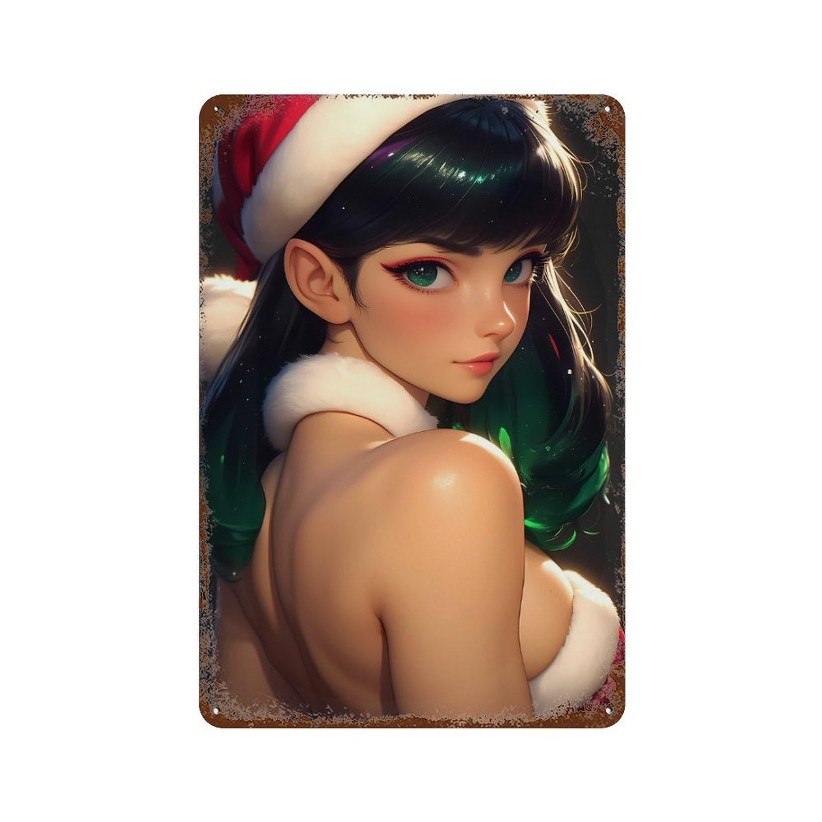 Anime Girl Christmas Portrait 11.8"x7.9" Weathered Tin Sign, Rustic Home Decor for Living Room, Hallway And Home Decor