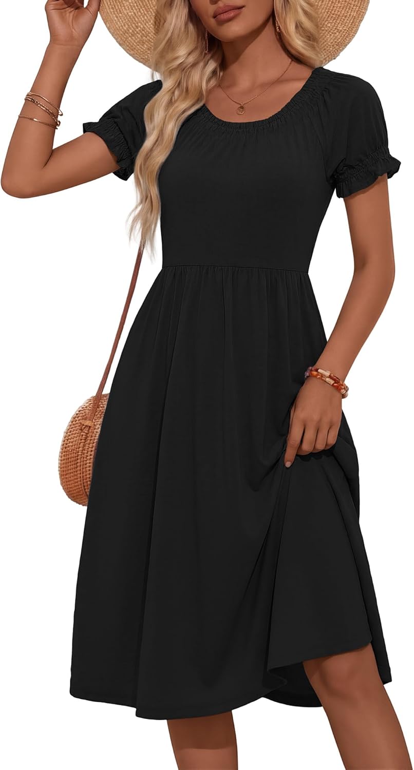 HUHOT Women Summer Floral Midi Sundress with Puff Sleeves Sretchy Crew Neck with Pockets 2026