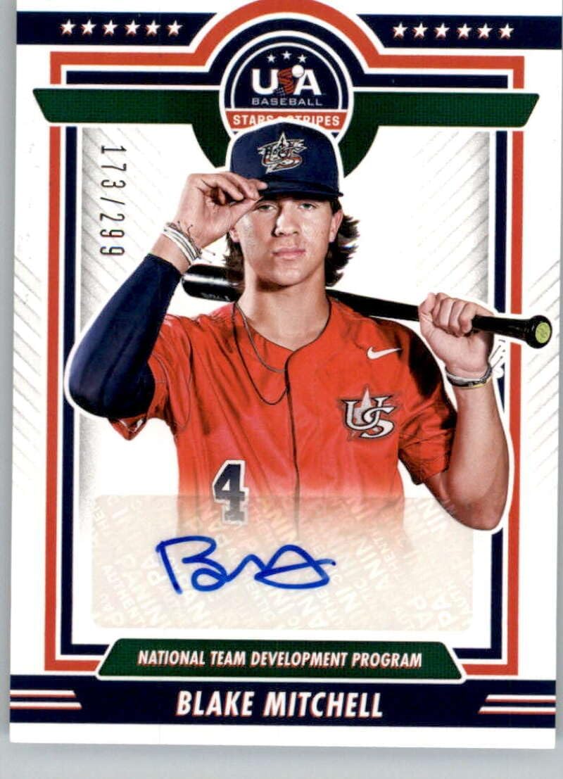 2022 Panini Stars and Stripes Blue Ink National Team Development Program Signatures #29 Blake Mitchell Auto Autograph SER/299 National Team Development Program Official USA Baseball Trading Card in Raw (NM or Better) Condition