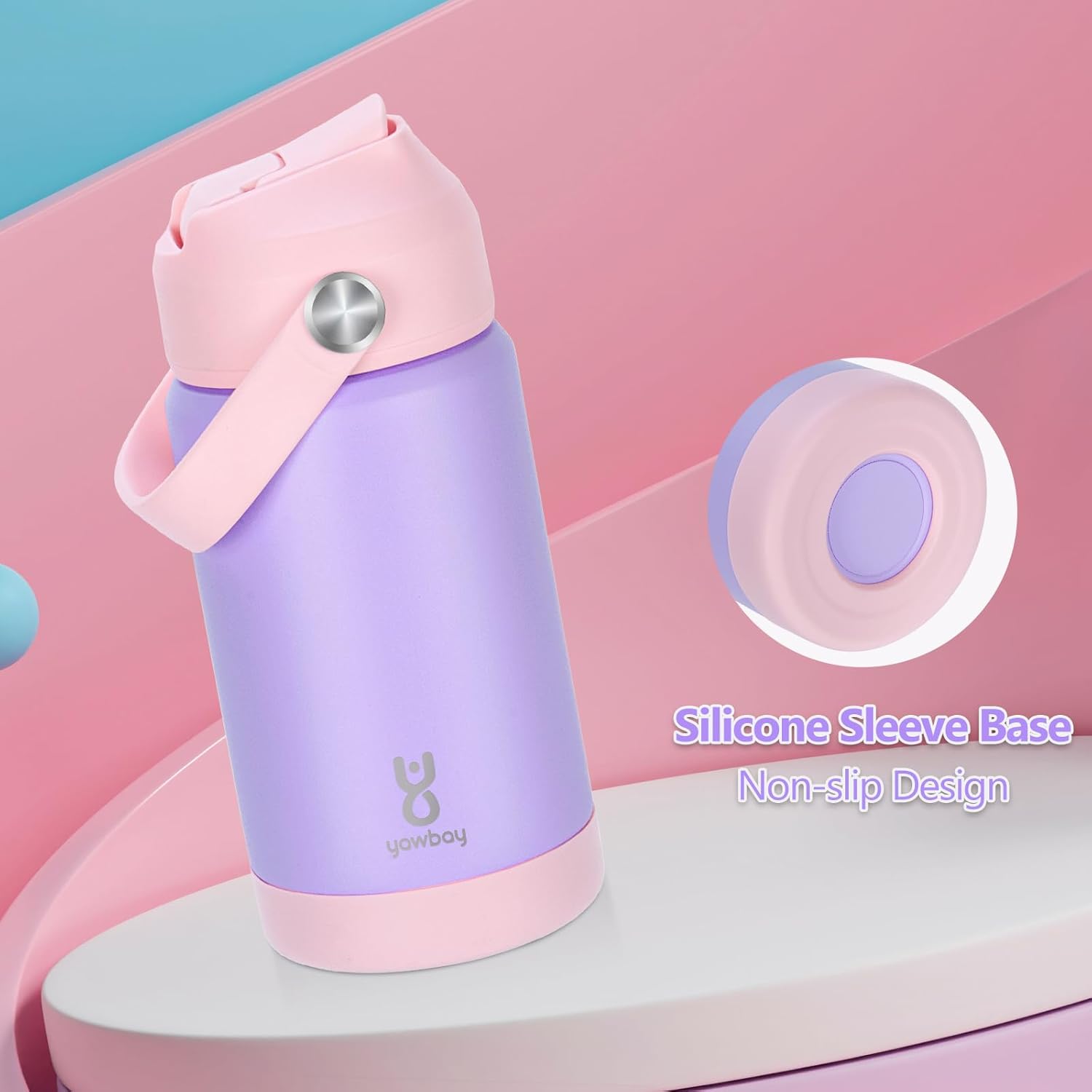 Kids Insulated Water Bottle with Straw Lid & Silicone Handle,12oz Kids Leak Proof Water Bottle for School Boys Girls,Double Wall Vacuum Stainless Steel with Non-slip Silicone Base(Light Purple) - Image 3