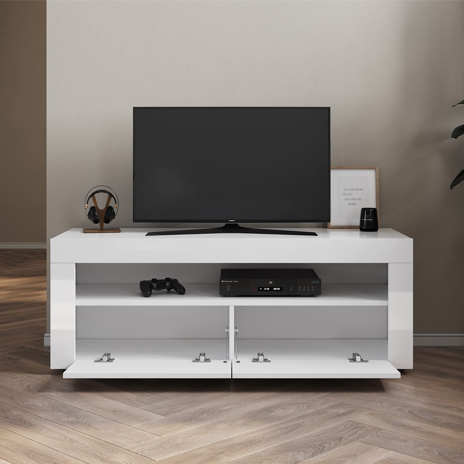 SONNI Mueble TV con Luces Regulables de 12 Colores,Mueble de Salón con LED y Estante de Cristal (Blanco, 120x40x45cm)