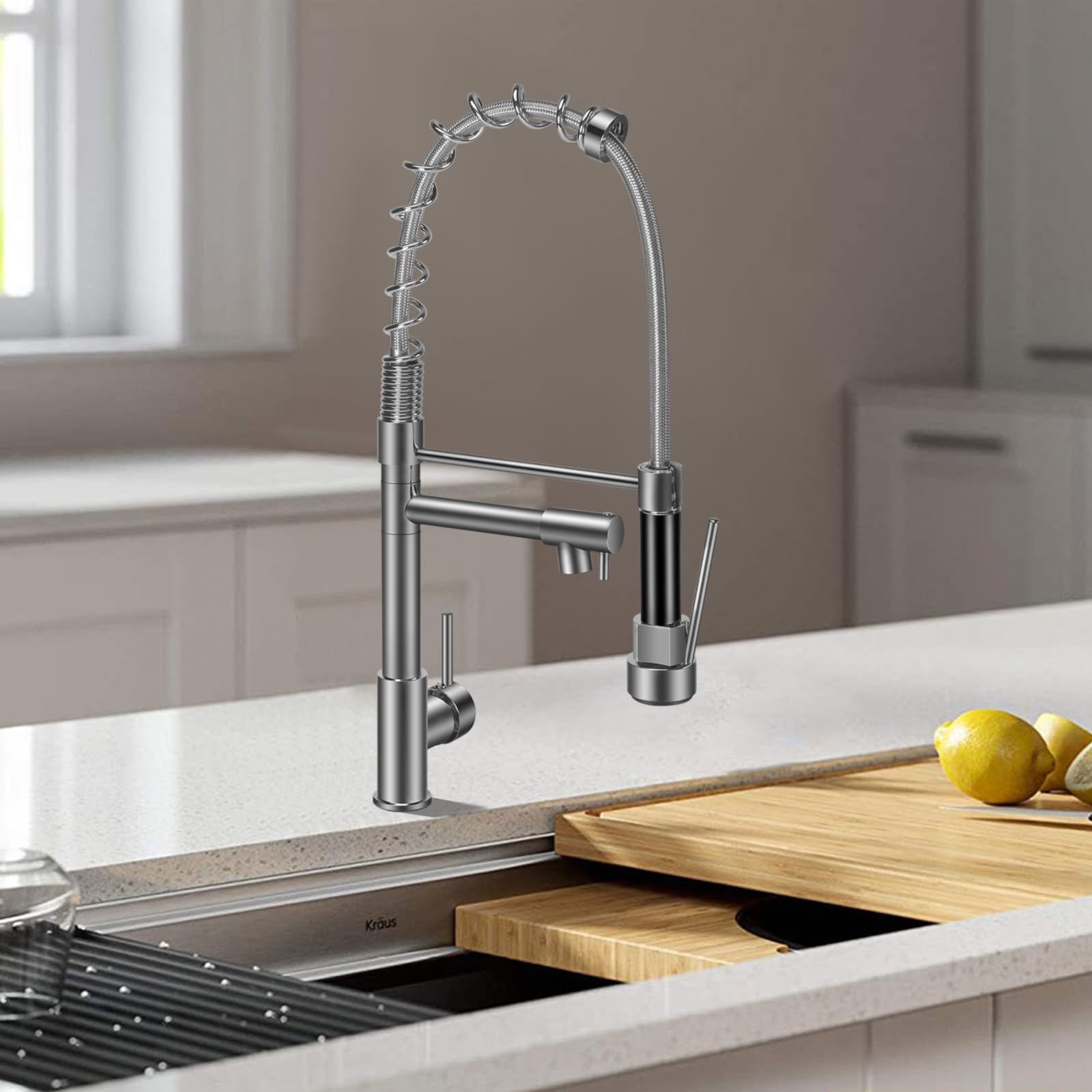 Grifo de cocina, grifo con ducha extraíble giratorio de 360 grados, fregadero de arco alto, pulverizador escalable, 2 modos, plateado cepillado