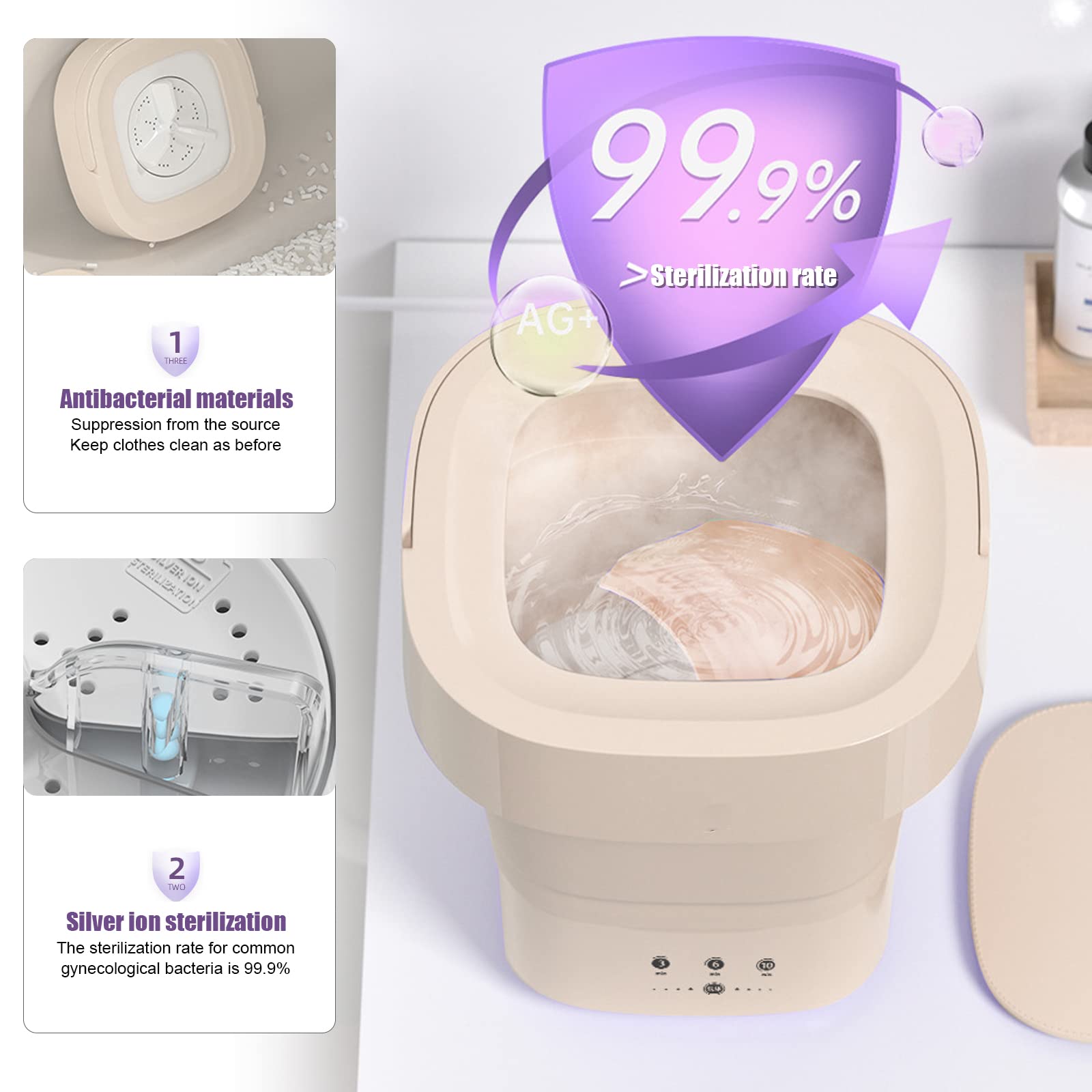 Składana mini pralka, pojemność 10 l, przenośna pralka, ultradźwiękowa pralka turbinowa z zasilaczem USB, pojemność prania 2 kg, mini pralka do domu lub w podróży (żółta)