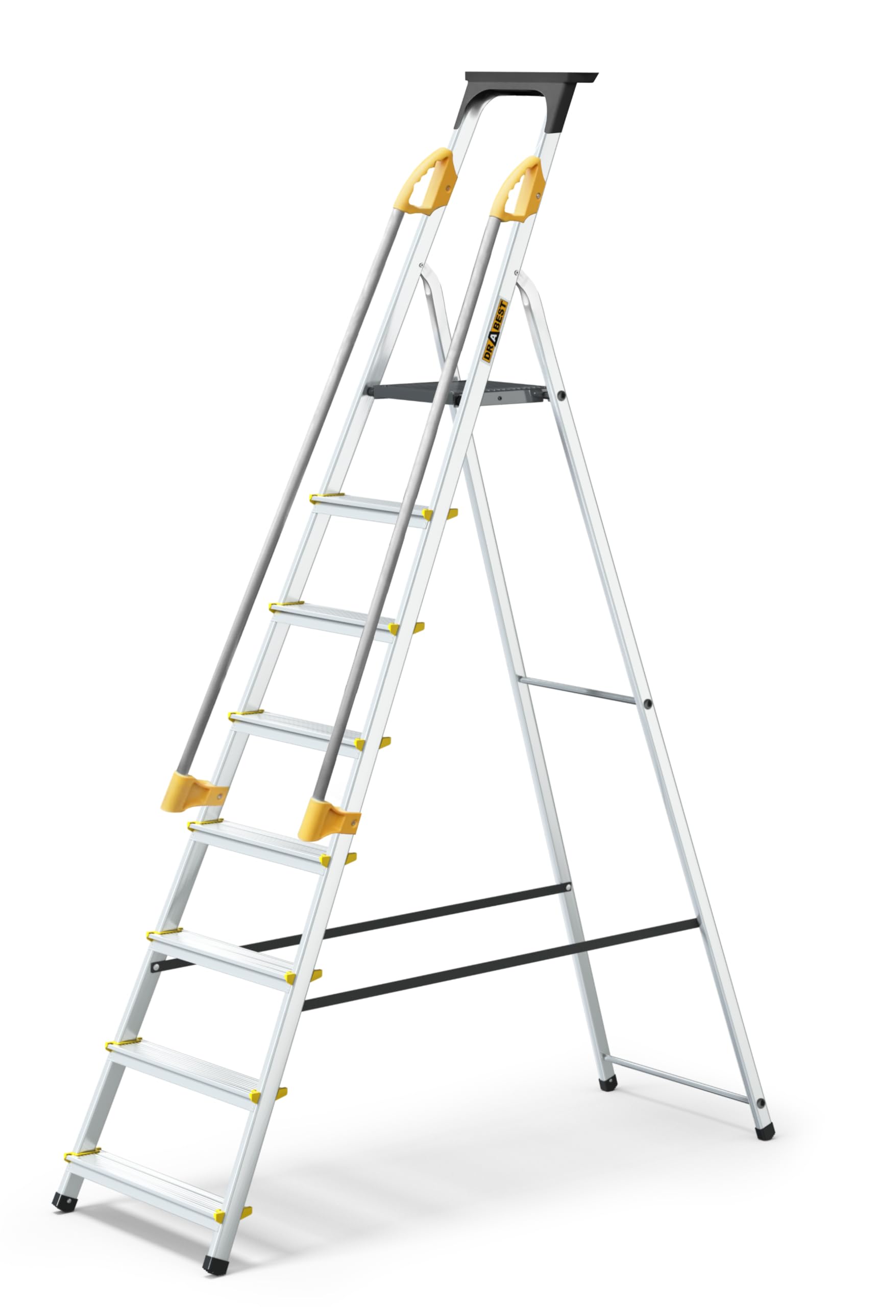 DRABEST PRO SERIES 8 Step Ladder Folding - Aluminum Folding Ladder - Lader with Safety Handrails & Work Platform - Stepladders 8 tread - Capacity 150 KG - Multi-Purpose Ladders - 52x239x12cm