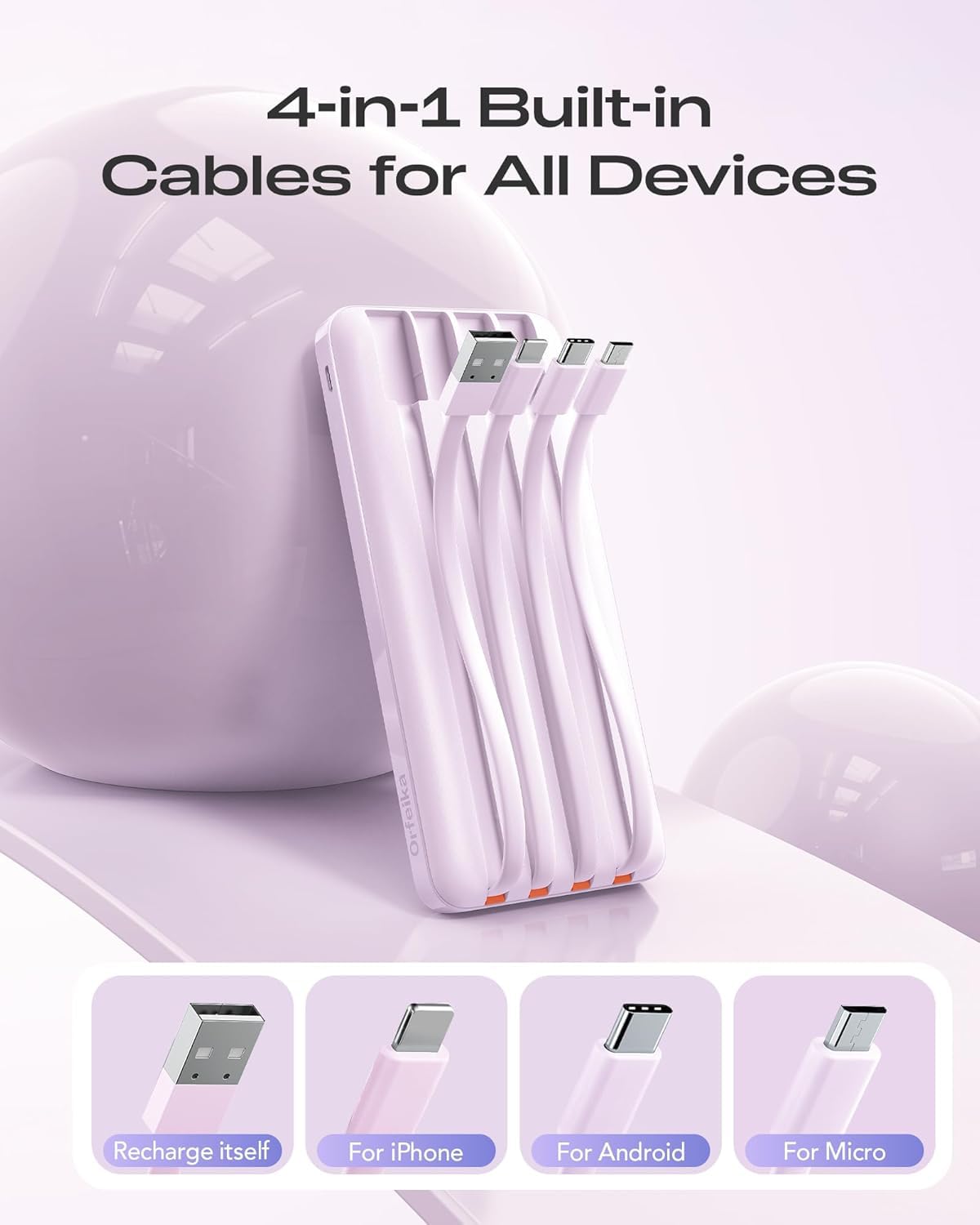 Orfeika Batería externa de 20000 mAh, carga rápida, cargador portátil con 4 cables integrados y 6 salidas, batería PD USB C de 20 W compatible con iPhone 16/15, Galaxy, Android, iPad y más (esencial
