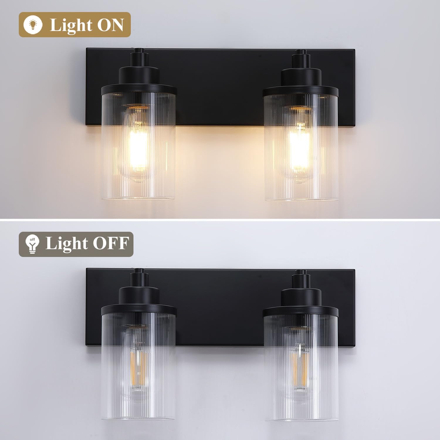 Matte Black Vanity Lights for Bathroom, 2 Light Bathroom Light Fixtures Over Mirror with Striped Glass Shade, Modern Vanity Lighting Wall Mount