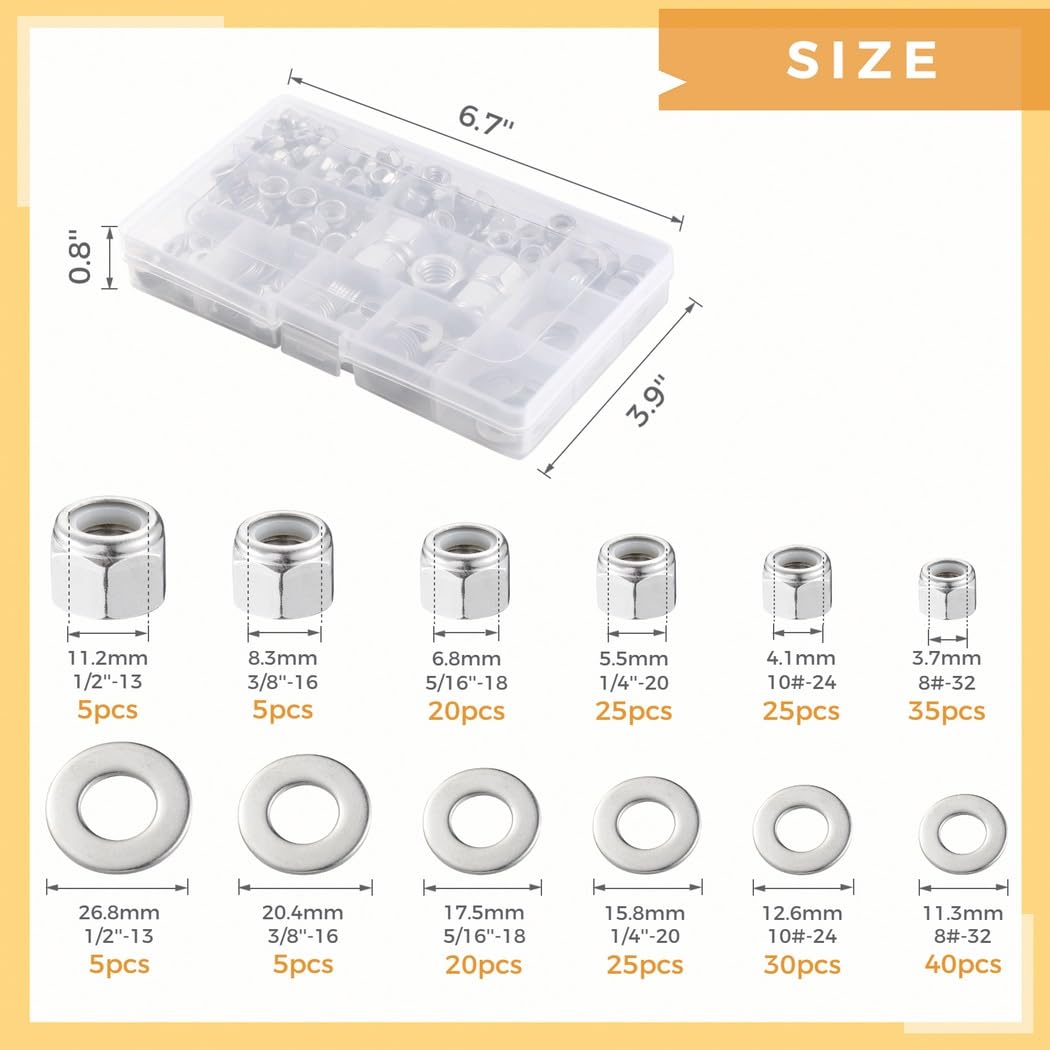Set di 240 dadi esagonali in nylon con rondelle, in acciaio inox 304, misure assortite, custodia
