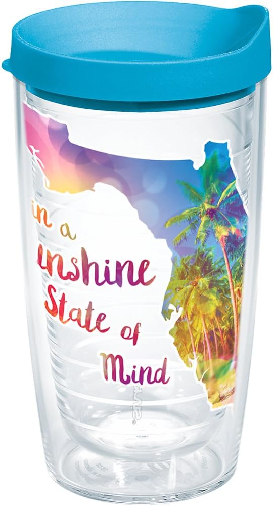 TervisFlorida Sunshine State Of Mind Made in USA Double Walled Insulated Plastic Tumbler Travel Cup Keeps Drinks Cold & Hot, 16oz, Blue Lid