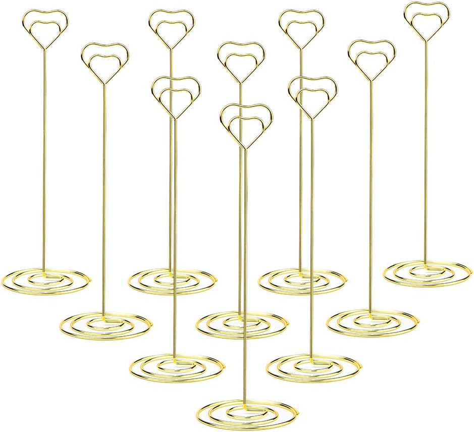 10pcs 8.6 Inch Tall Place Card Holder Table Number Holder Table Card Holder Table Number Stands with Heart Shap Photo Memo Clips for Wedding Favors, Gold