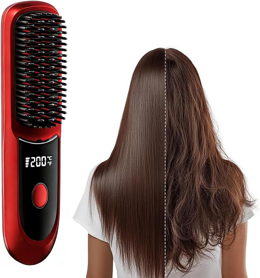 2026 Cordless Hair Straightener Brush,200 Million Negative Ionic Portable Hair Straightener Comb for Women,with LED Display,20S Fast Heating,Hair Brushs for Travel (Black)