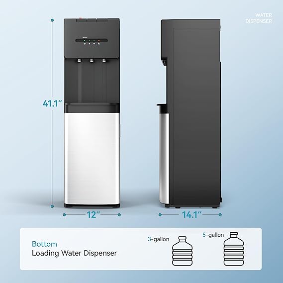 EUHOMY Self Cleaning Bottom Loading Water Cooler Dispenser, 3 Temperatures (Cold, Warm, Hot), Child Safety Lock, LED Indicator Light, Water Dispenser for Home, Apartment, Office, Black