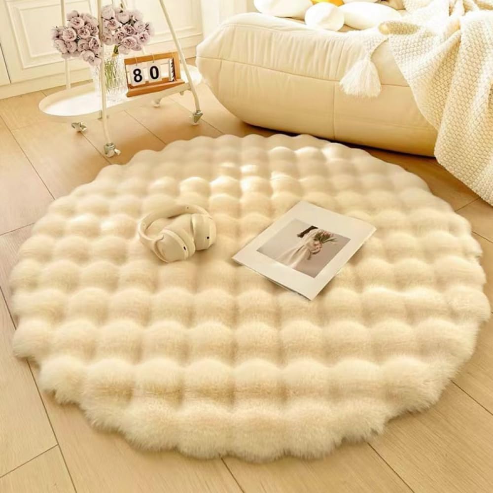 Nyescasa Hochflor Teppich Rund Langflor Wohnzimmer Beige 100cm | Modern Flauschig Weich Runder Kunstfell Teppich für Wohnzimmer Kinderzimmer Schlafzimmer Flur