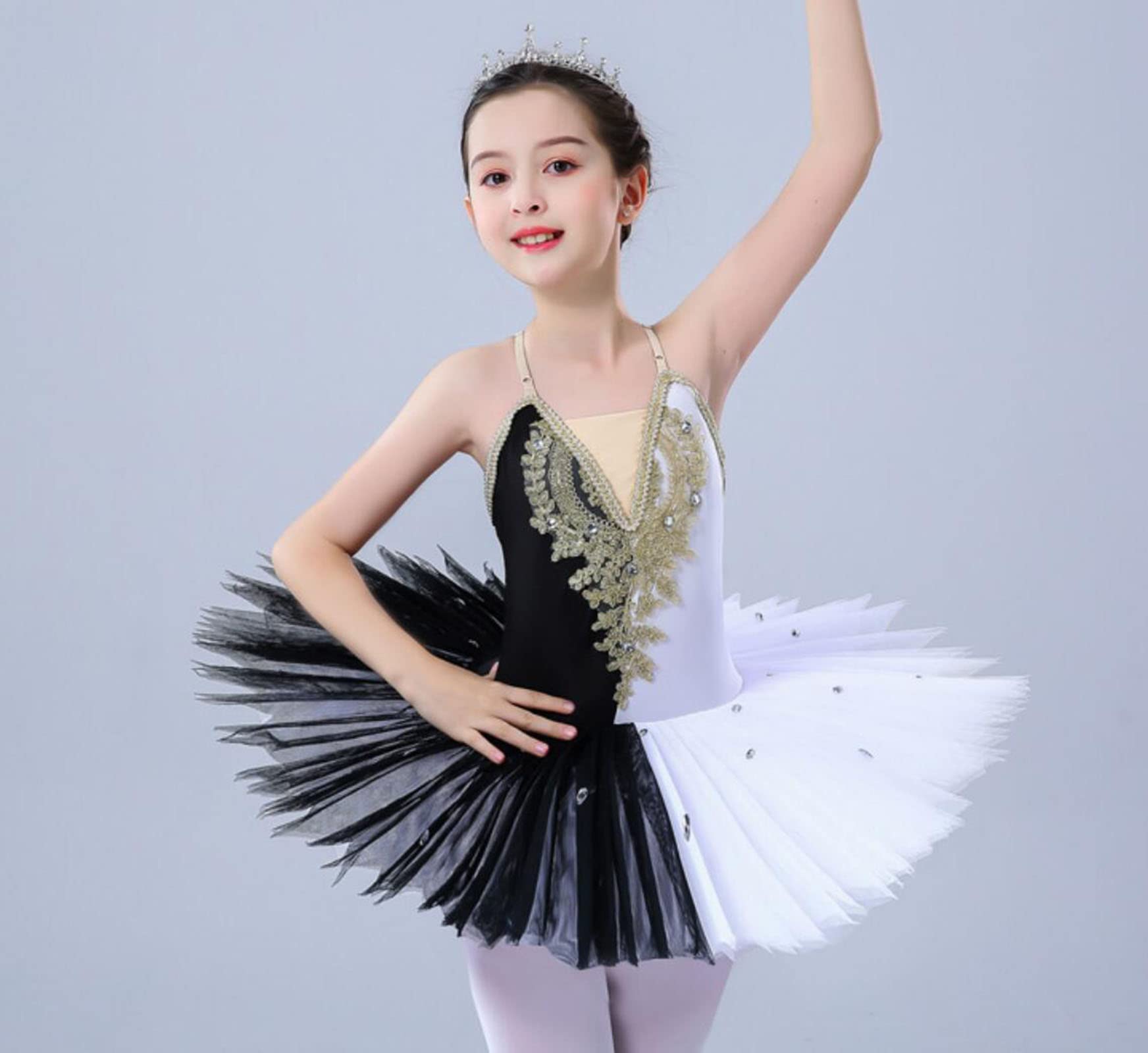 OTMYIGO Falda tutú de Ballet para niña, Vestido de Ballet, Disfraz de Lago de los cisnes para niños, Vestido de Lago de los cisnes de Ballet Profesional para niña,Black and White,170