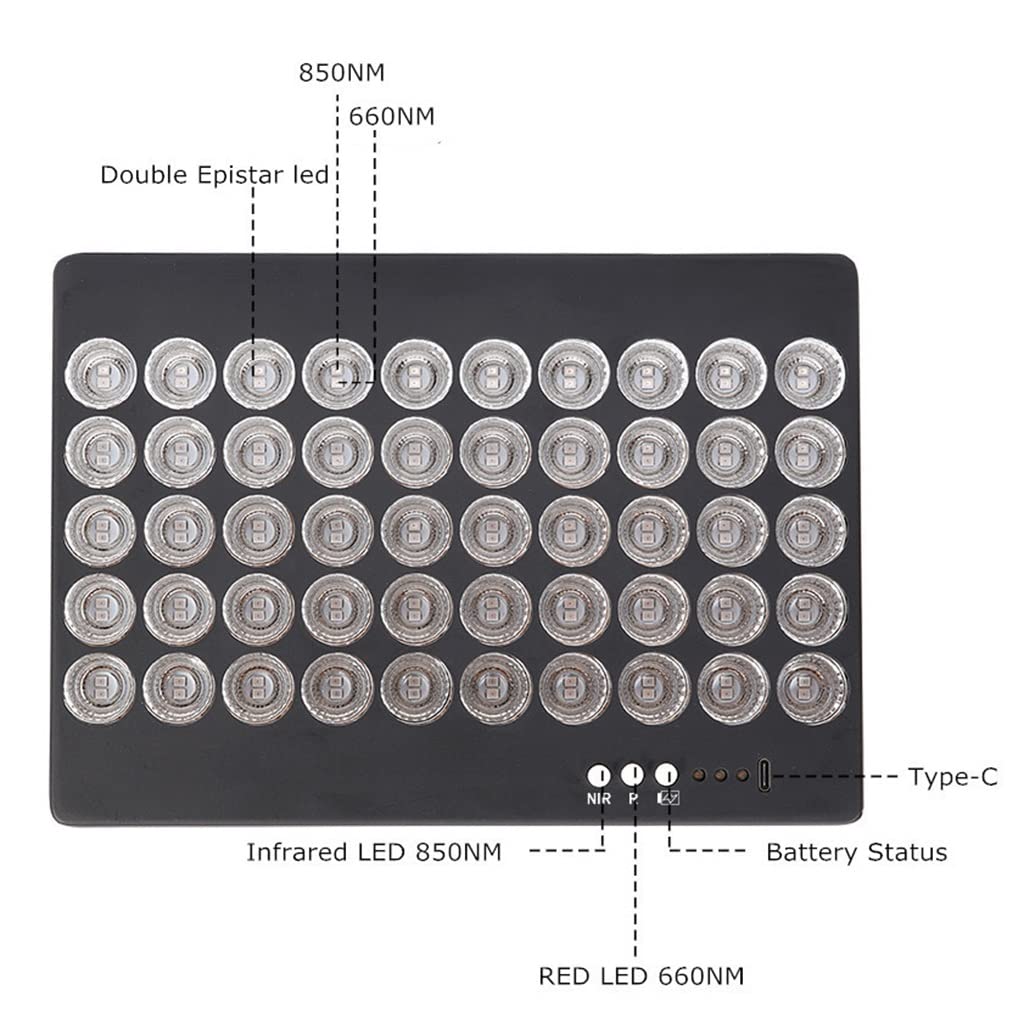 Lámpara de Terapia de Luz Roja 50W con Soporte Infrarrojo Cercano de Color Rojo Oscuro de 660 NM y 850 NM Panel de Terapia LED, para la Piel, Alivio del Dolor
