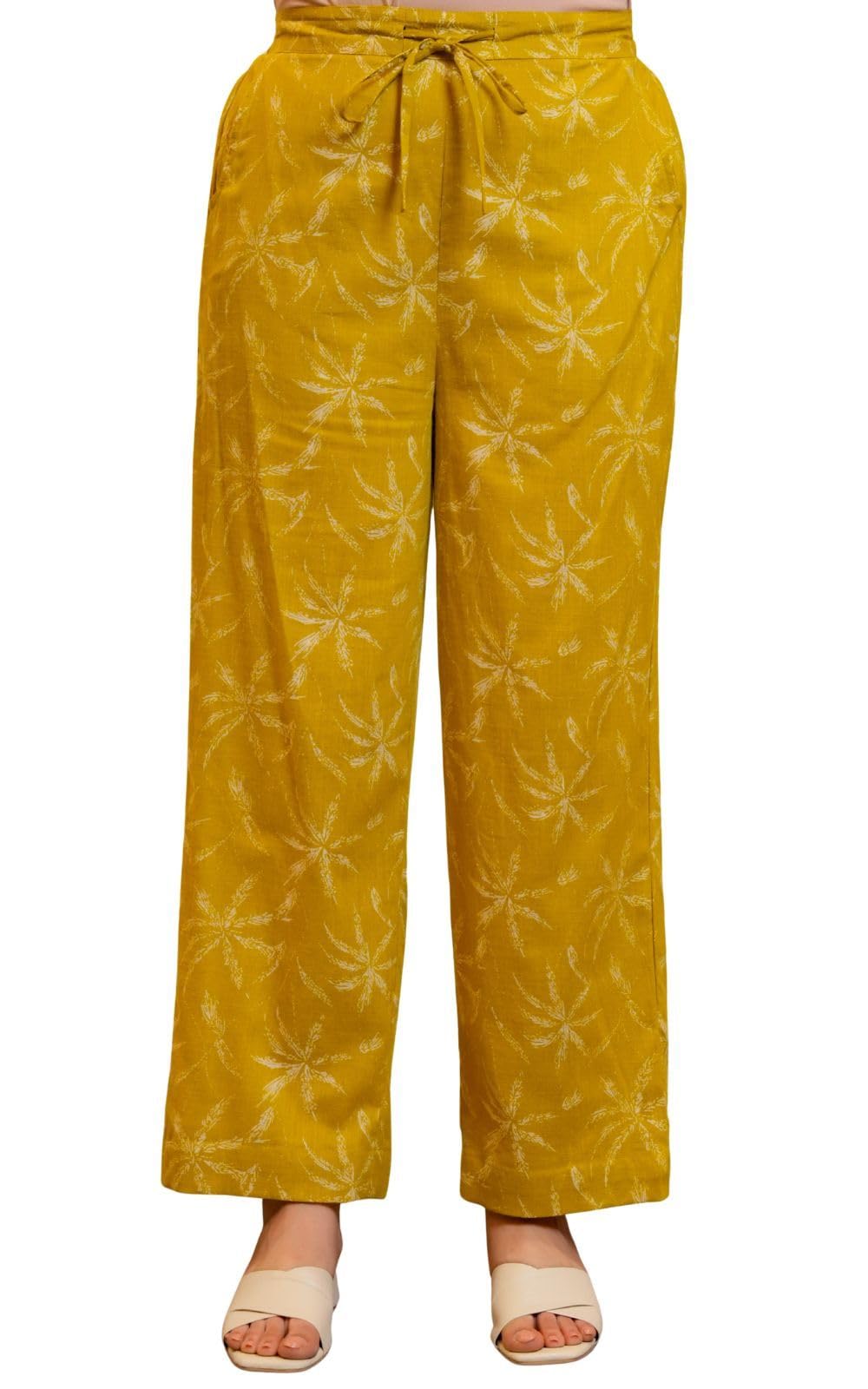 aramya Slub Cotton Mustard Floral Print Festival Wear Trousers for Women-picture-39
