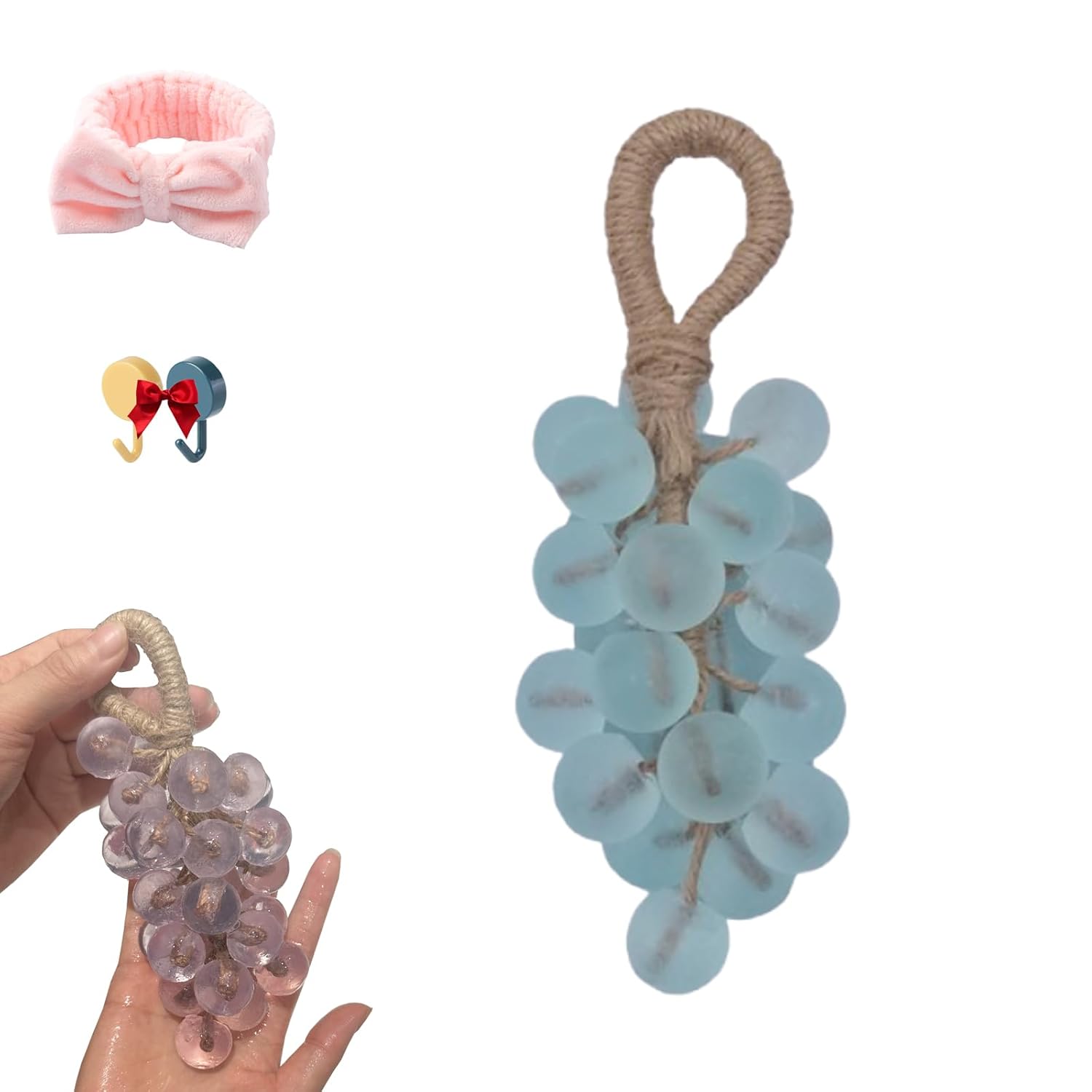 Grape Soaps on A Rope, Personalized Original Handmade Crystal Grapes Cluster Shaped Soaps, Fruit Shaped Hanging Vegan Soap on A Rope, DIY Home Decor and Gift Choice for Washing Hands (Blue)