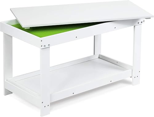 Miniatura 10 de Costzon Mesa de actividades 2 en 1 para niños con almacenamiento, tabla de bloques de construcción patentada con tablero para dibujar ladrillos,