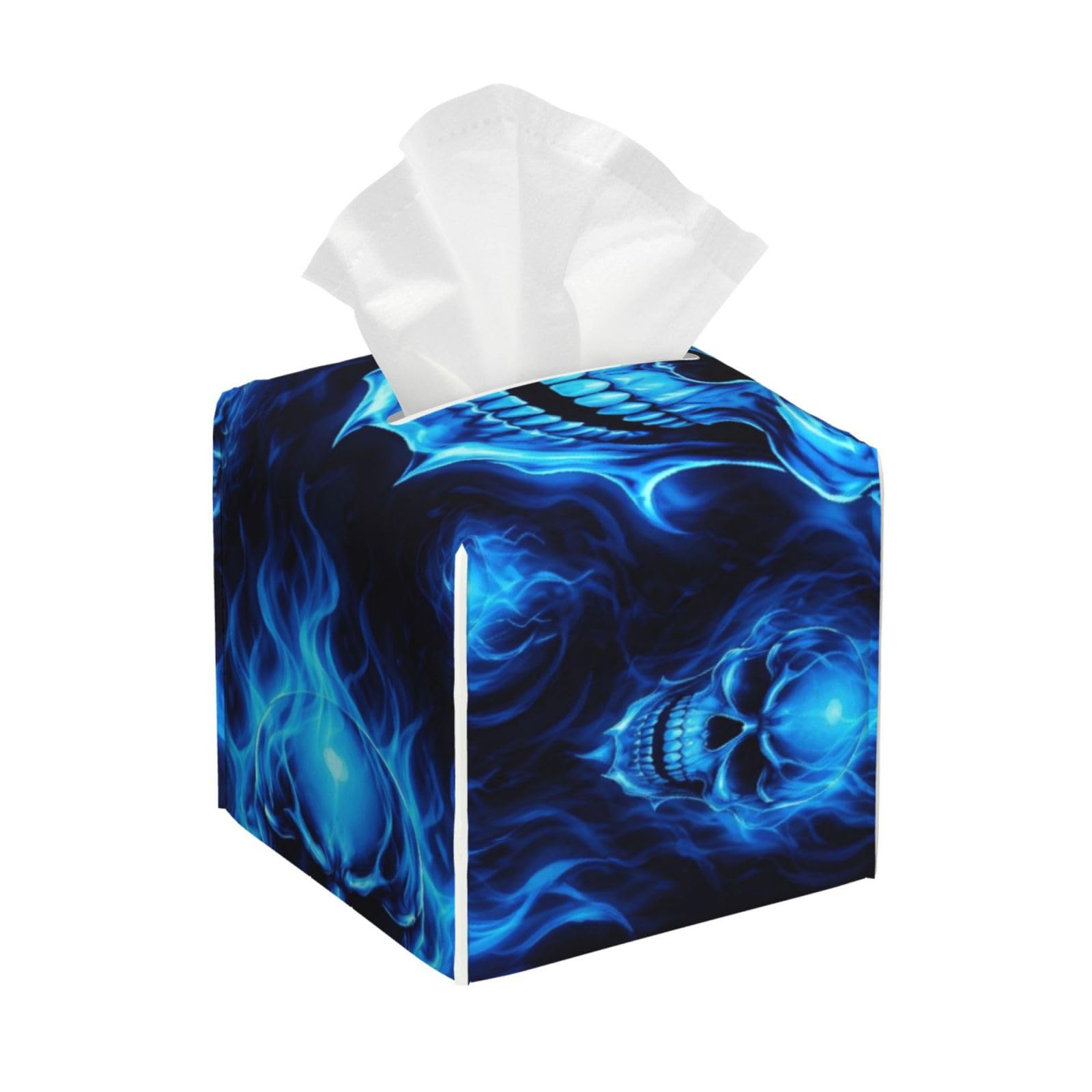 Skull Blue Flame Leather Tissue Box Cover Holder Square Facial Paper Organizer 5.2" X 5.2" X 5.2"