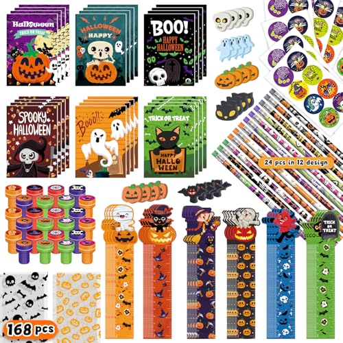 BEARUN Halloween Party Favor for Kids, 168 PCS 24-Pack Stationery Set With Goody Treat Bags, Bulk Toy for Class, Spooky Themed Party Gifts Prizes
