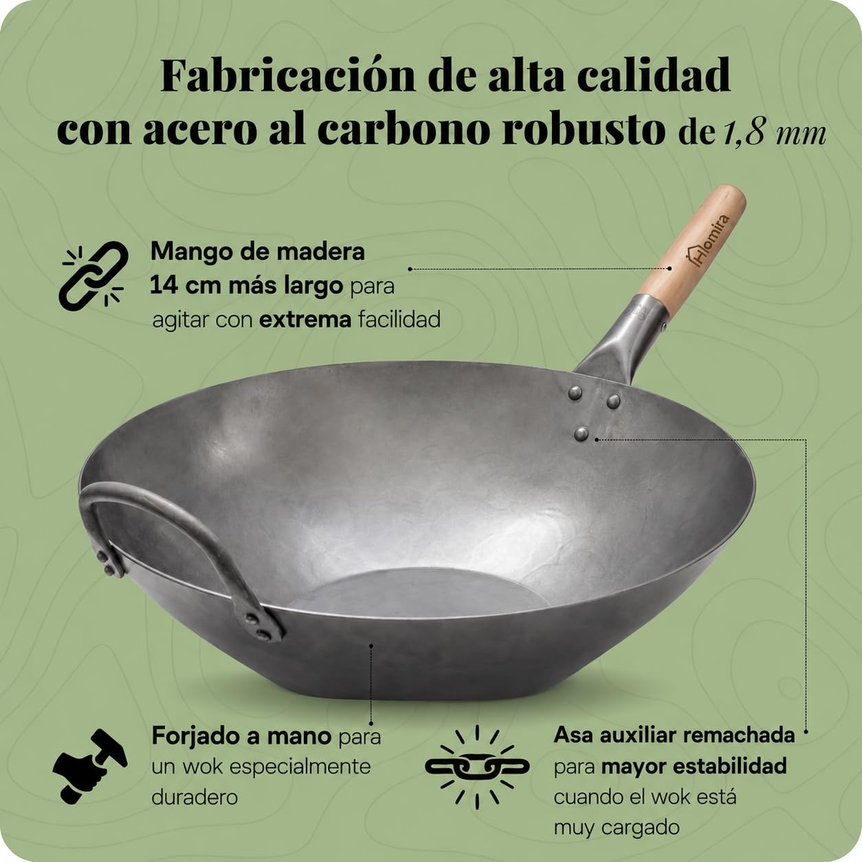 Homira Wok de Acero al Carbono de 36 cm, Martillado a Mano, Fondo Plano y Mango de Madera – Sartén Wok Tradicional sin PFAS para Inducción, Gas, Vitrocerámica, Barbacoa y Exterior (Fondo Plano)