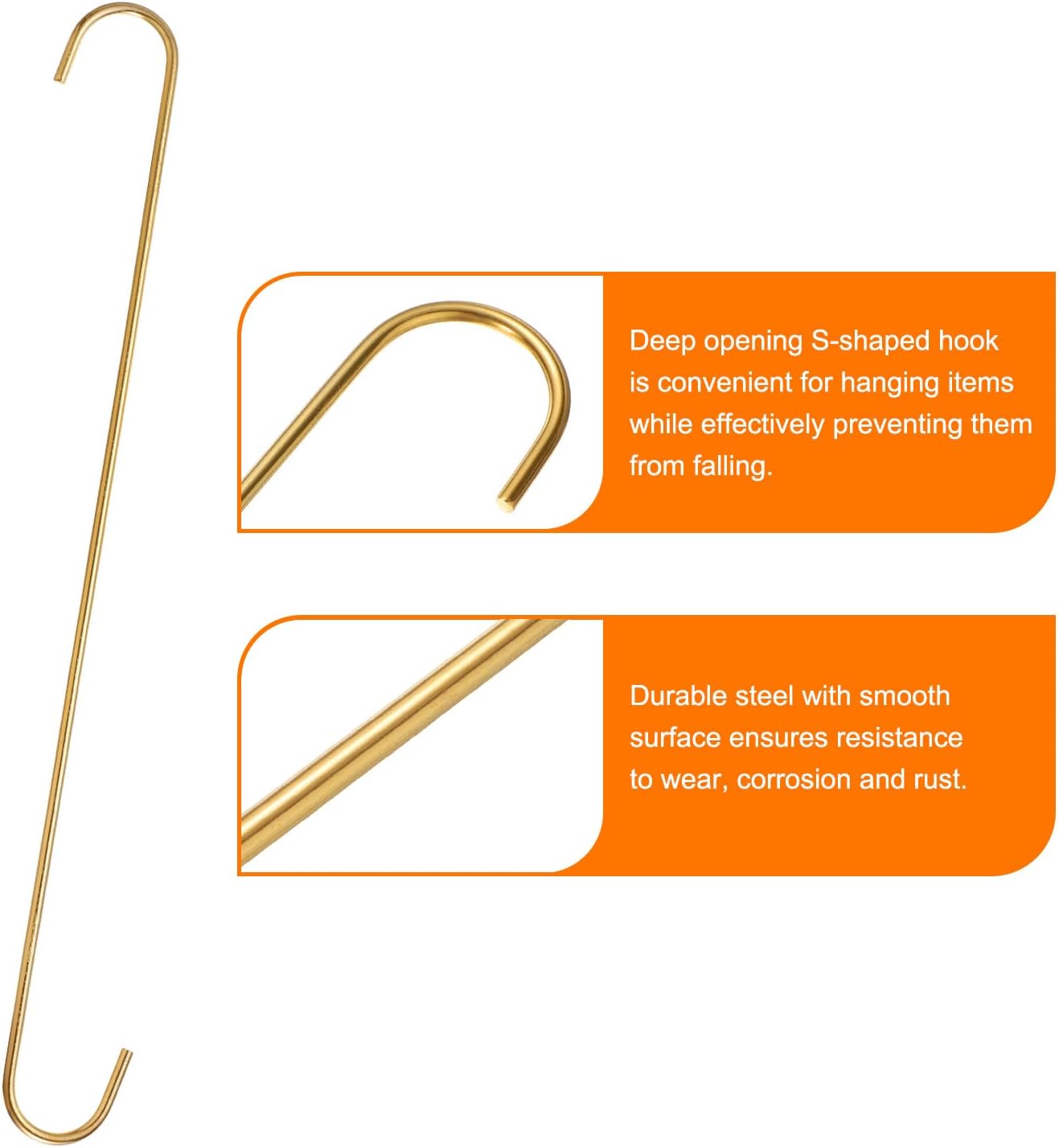 HARFINGTON 4pcs Long S Hooks 16 Inch Extra Long Metal S-Shaped Hanging Hooks High Manganese Steel S Hanger Storage Organizing Tool for Kitchen Garden Bathroom Garage Closet, Gold Tone