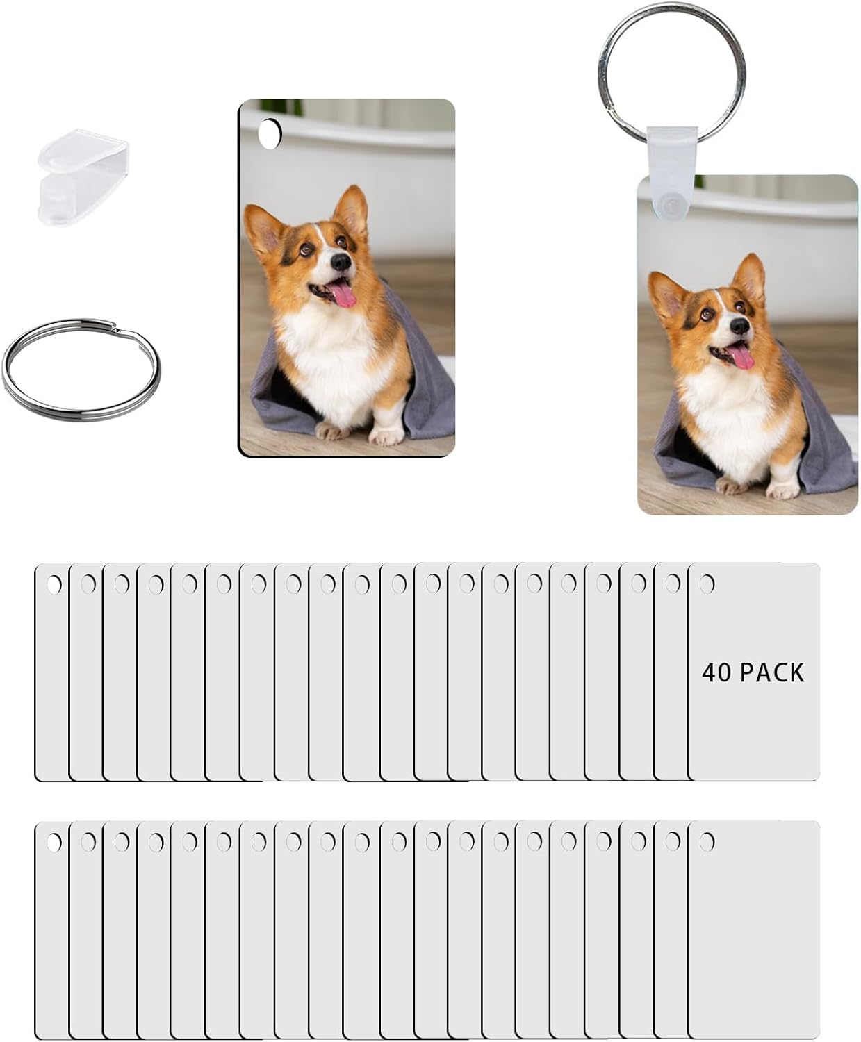UJL 120pcs Sublimation Keychain Blanks With Rings Clips MDF Keychains Blanks Double Sides Blank Keychains Rectangle Round