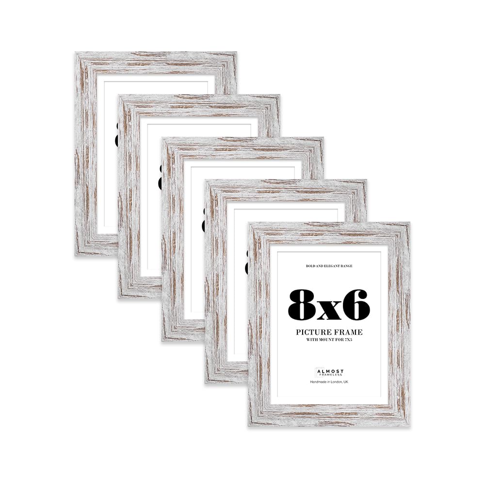 8x6 Distressed Wood Frame With Mount for 7x5 Pictures 28mm Edge Portrait and Landscape Display with Wall Hooks and Kickstand, 5 Pack