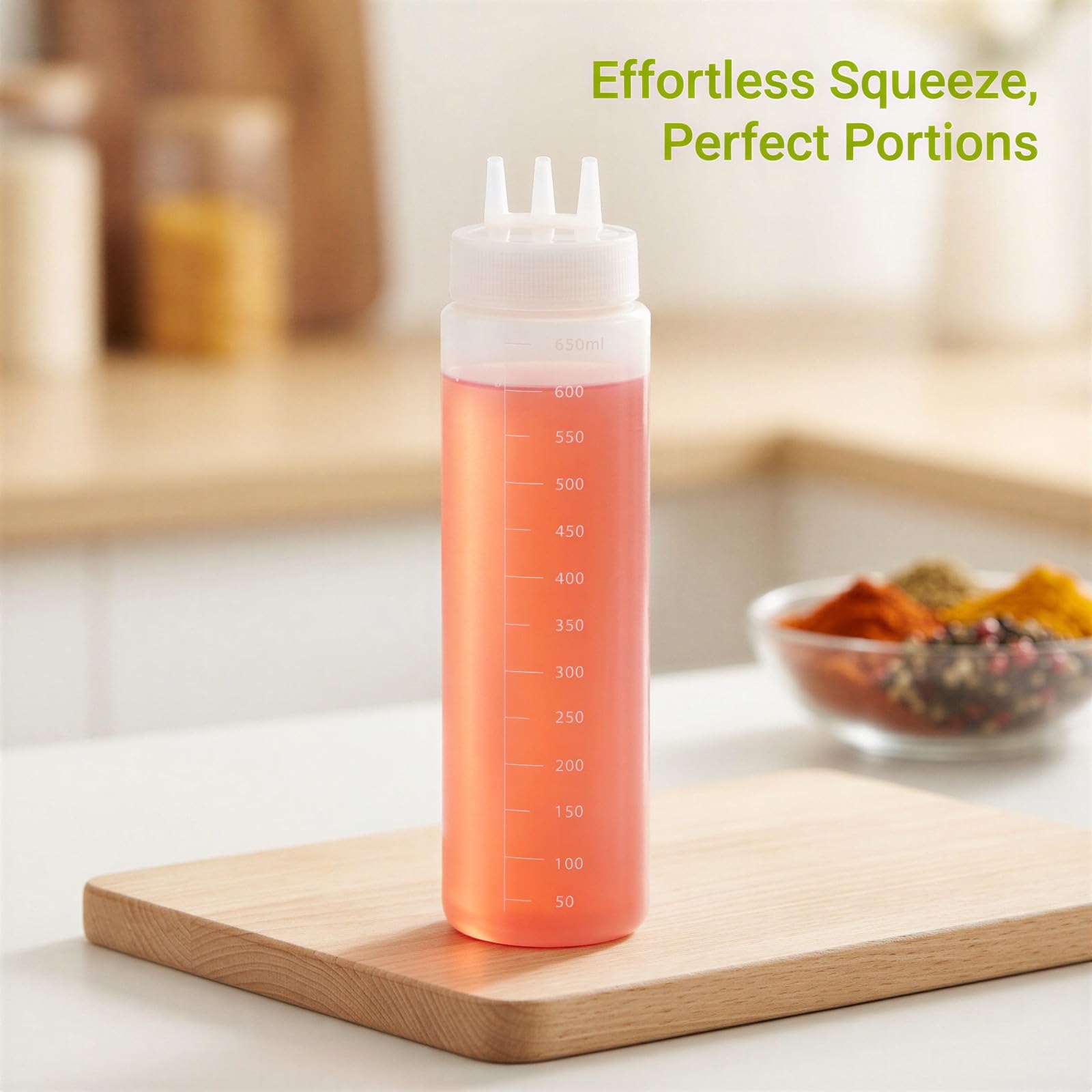 4 Stk. Saucenflaschen zum Drücken mit 3 Öffnungen, 24 oz 650 ml Quetschflaschen mit Skala, Flaschen mit Tri-Kegel-Düse, aus Kunststoff für Sirup, Ketchup, Dressing, Öl, Honig